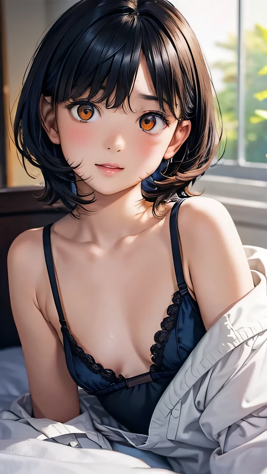 highest quality、Realistic、female、、zoom、Orange Eyes、Very short black hair、Small flat chest、Blue Lingerie、Sunburn、、Dark Skin、Bedroom、