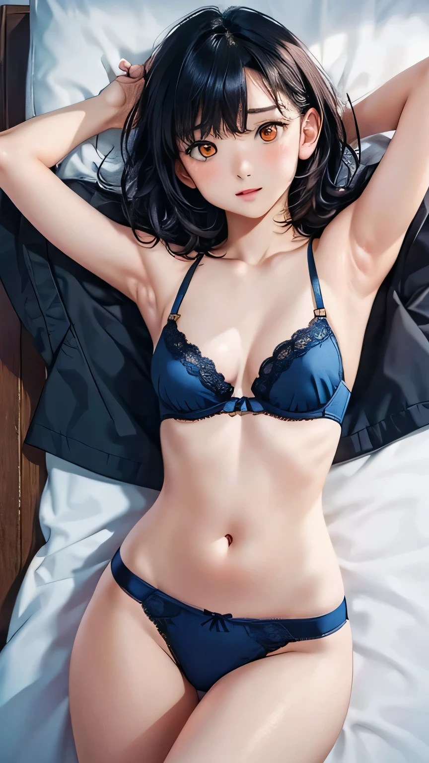 highest quality、Realistic、female、、zoom、Orange Eyes、Very short black hair、Small flat chest、Blue Lingerie、Sunburn、、Dark Skin、Bedroom、