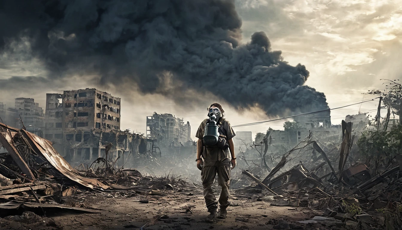 A post-apocalyptic landscape with crumbling, abandoned buildings and dense, overgrown vegetation reclaiming the ruins. A lone survivor in tattered clothes, wearing a makeshift gas mask, scavenges through the debris, with a dilapidated, ruined cityscape stretching out in the background. Thick smoke rises from distant fires, casting an eerie glow on the scene, and the sky is filled with heavy, ominous clouds. Ultra-high definition, sharp details, dramatic camera sweep from the ground up to the sky, capturing the desolation and bleakness of the scene.