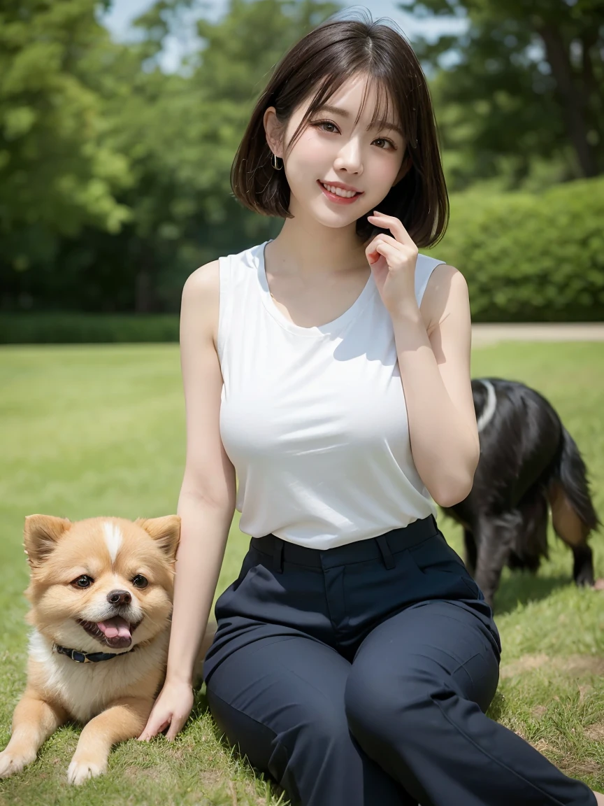 Tabletop, Highest quality, Realistic, In detail, High resolution, 8k wallpaper, Perfect dynamic composition, Beautiful attention to detail, (Biologically Correct Limbs, refer, nail), short hair, Shiny Hair, Big ample breasts, Random Pause、(retro color, Cute Sleeveless T-Shirts, Cute Chino Pants)、Cute Pumps, (Breast bulge:1.3)、Laughter、(Park scenery、Grass), sunny, Sitting, girl, 23 years old, only, (Droopy eyes)、Adult Beauty、Japanese women、(dogと散歩, dog, Pomeranian, 小型dog), dogを見て, Side view,