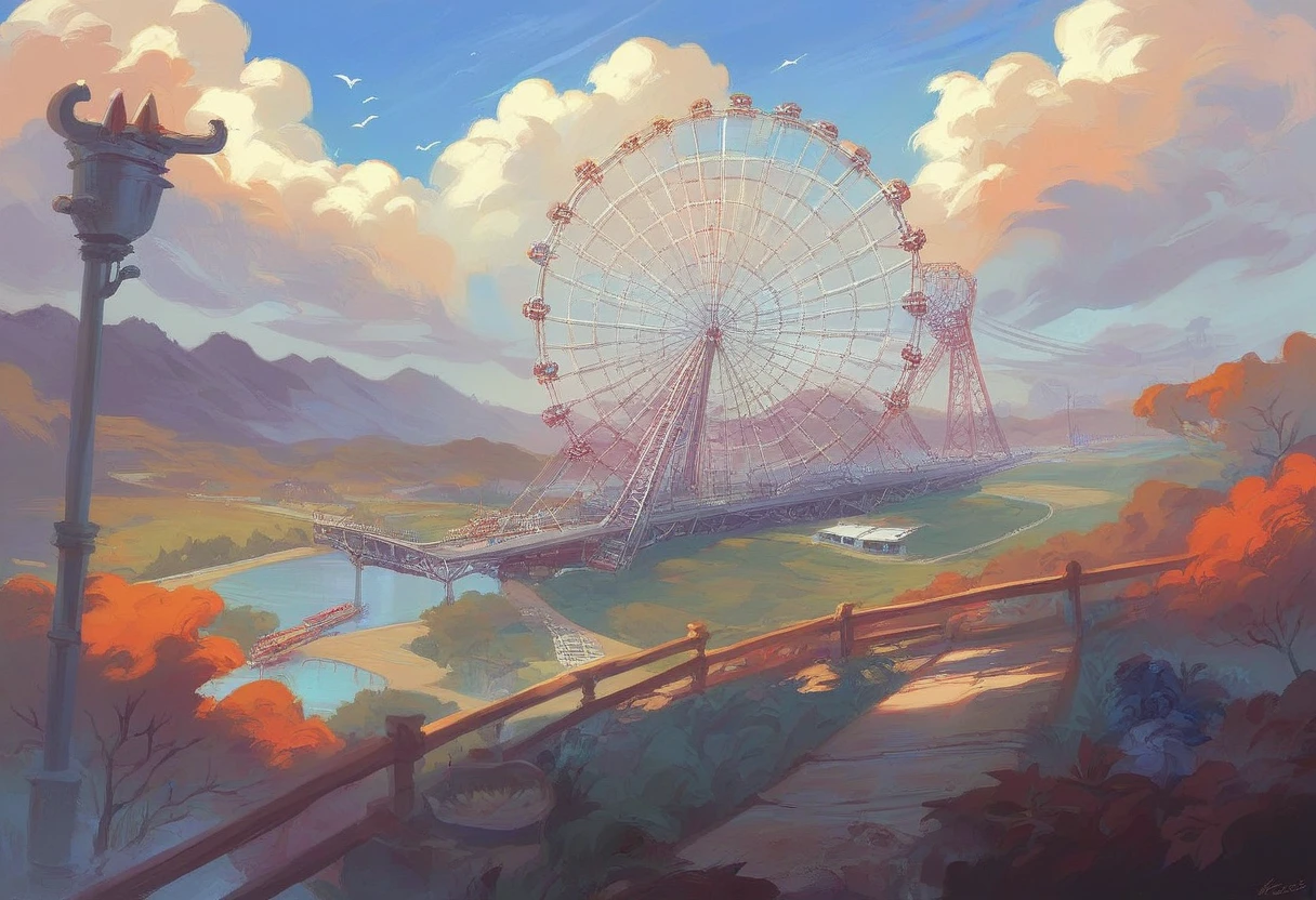 The scenery outside the window of the gondola at the top of the Ferris wheel, can see roller coasters, carousels, haunted teacups, and more, distant view, outside the amusement park is a residential area, mountains can be seen in the distance, amusement park,It is late autumn, Cloudy,