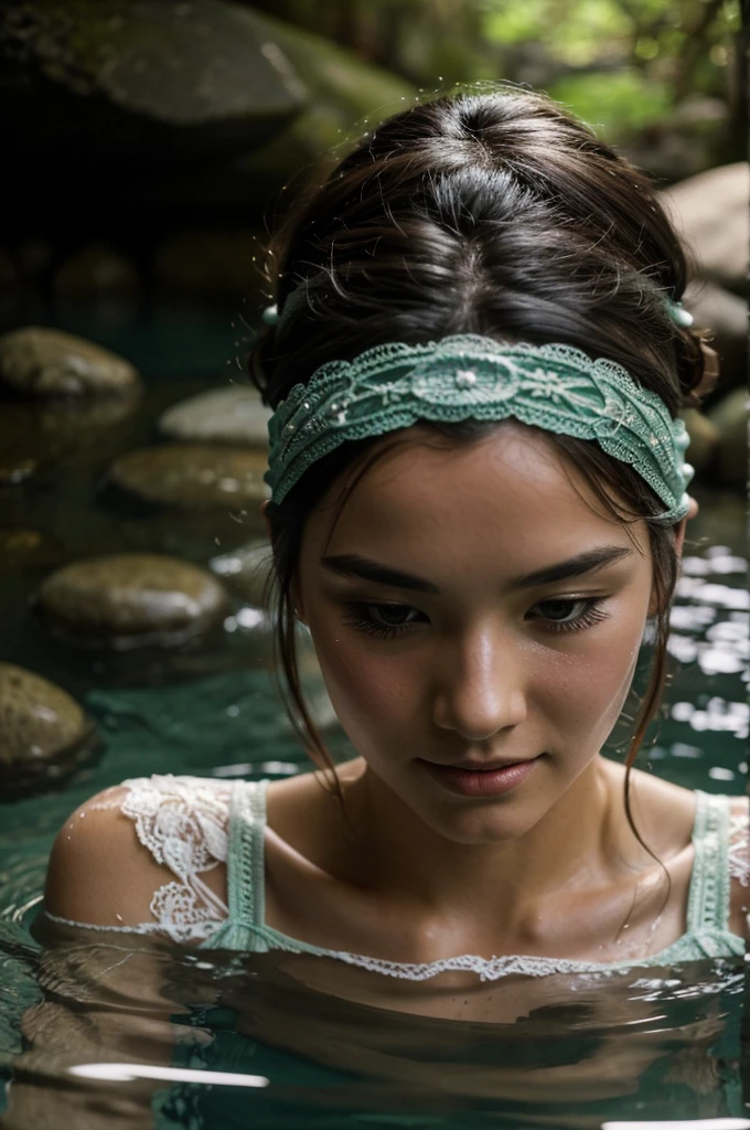 Best Quality, masterpiece, super high resolution, A super model submerged in hot springs in Japan., outdoor hot springs, stone hot springs, surrounded by moss and trees, super beautiful face, pure body, clear pores visible, (smile:0.8), using division (lace headband:1.2), (Realism:1.5), Photo original, soaked body, covered in sweat, bare shoulders, In the dark, deep shadows, low-key, cold light