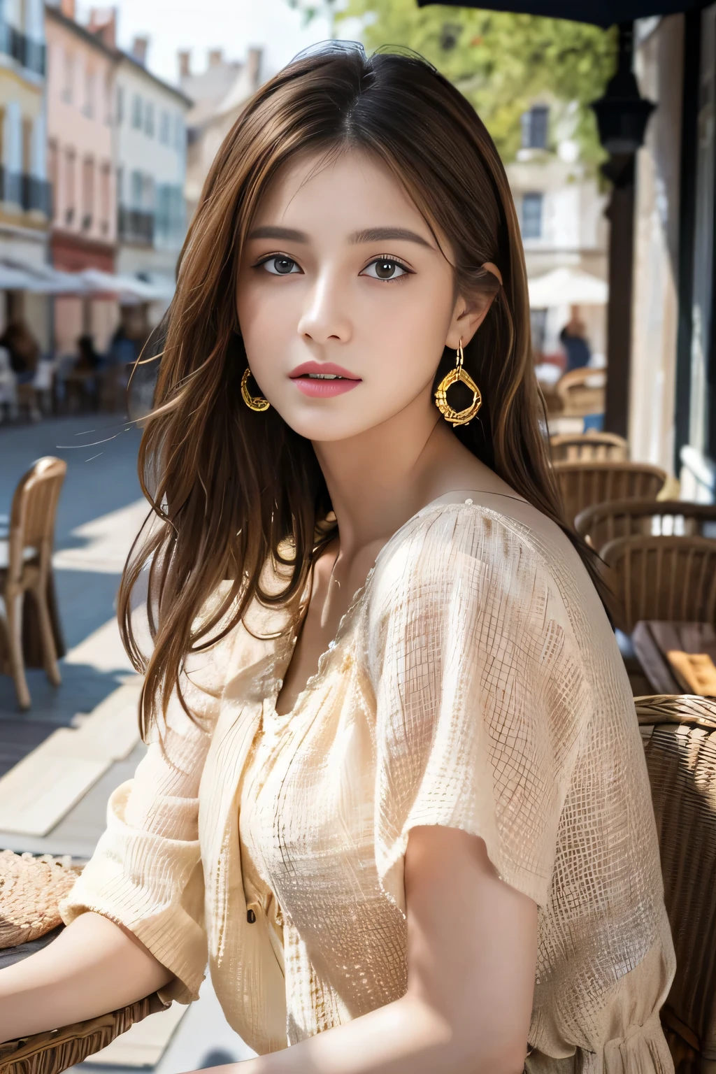 masterpiece, Highest quality, Realistic, Very detailed, Finer details, High resolution, 8k wallpaper, One beautiful woman,Wear a nice blouse, On the terrace of a lovely cafe, at noon, Light brown messy hair, Perfect dynamic composition, Beautiful and beautiful eyes、Big earrings、