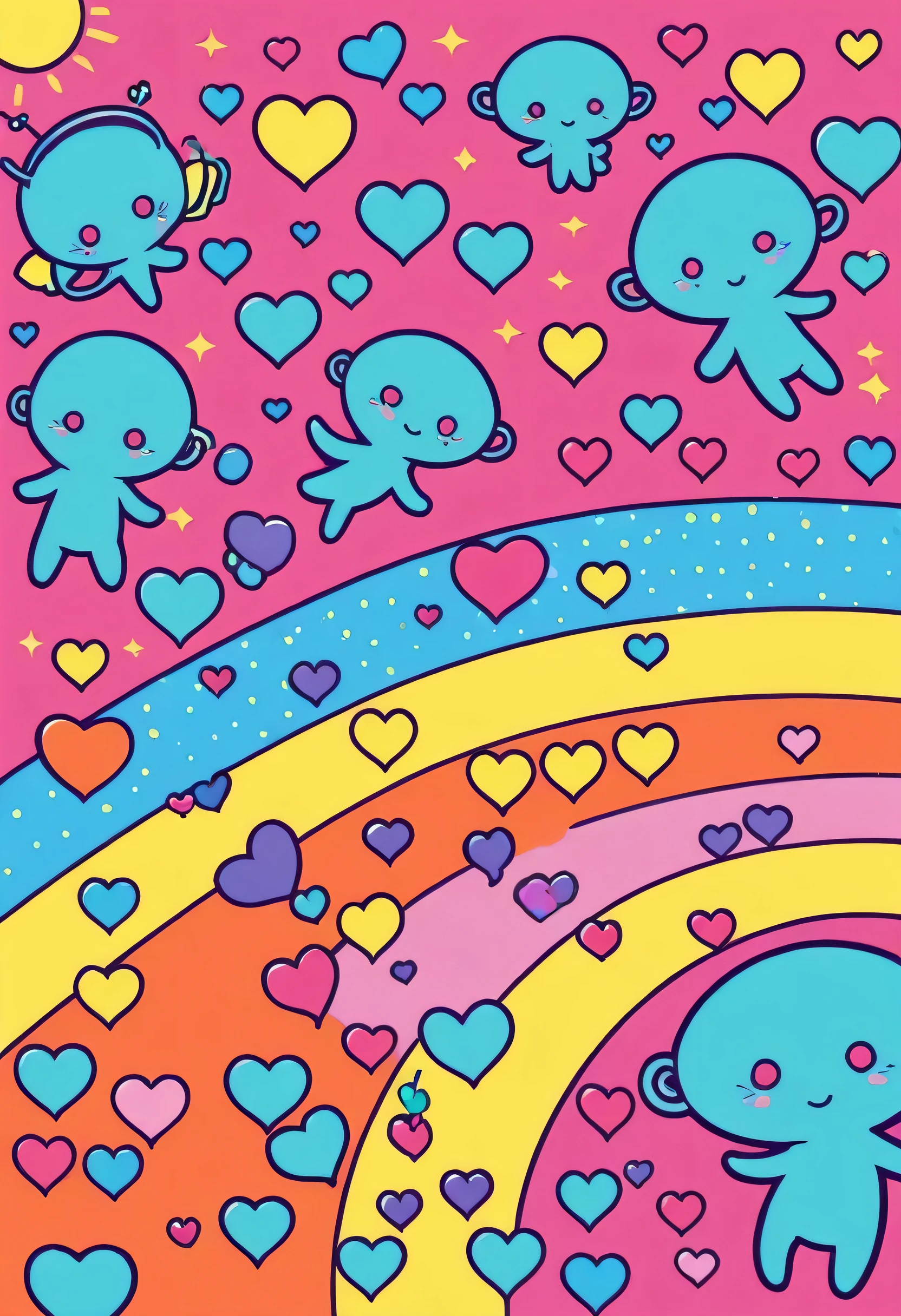 Keith Haring colorfull style, Simple Line Initialism，Abstract art, girls, colorful hearts, funny design, (((Cute Aliens))), The background is space