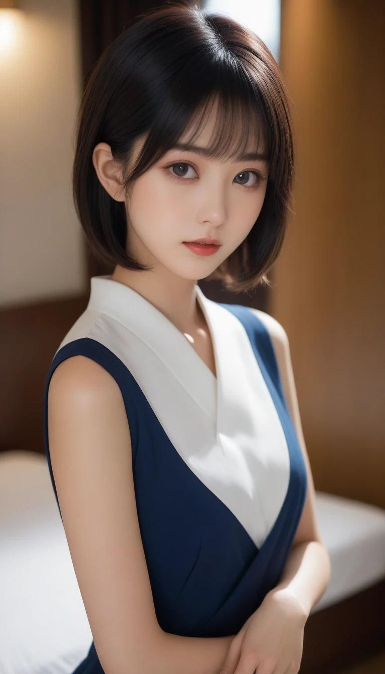 8k, Ultra-high resolution, Highest quality, masterpiece, 三分割法によるphotograph,Surreal, photograph, 1 Girl, (:1.3), pretty girl, Cute Face, Beautiful eyes in every detail, 細かくdetailedに,masterpiece,One Girl:1.2,Japanese female announcer,upper body,Serious expression,Black short hair,Bob with bangs,Neat dress,Pencil Skirt, Look forward, Standing posture, Opposition, Dynamic Lighting,Hotel room、 Sharp contours, Light from above, Low contrast, (Side view),Perfect and beautiful face ,完璧でCute Face, Skin with attention to detail, Perfect limbs、Narrow waist,Looking at the audience,(((Ideal body type))),A cup small breasts :2,Portraiture:2,Perfect Anatomy,鮮明なdetailed,detailed,Surreal,Light and shadow,stage lights