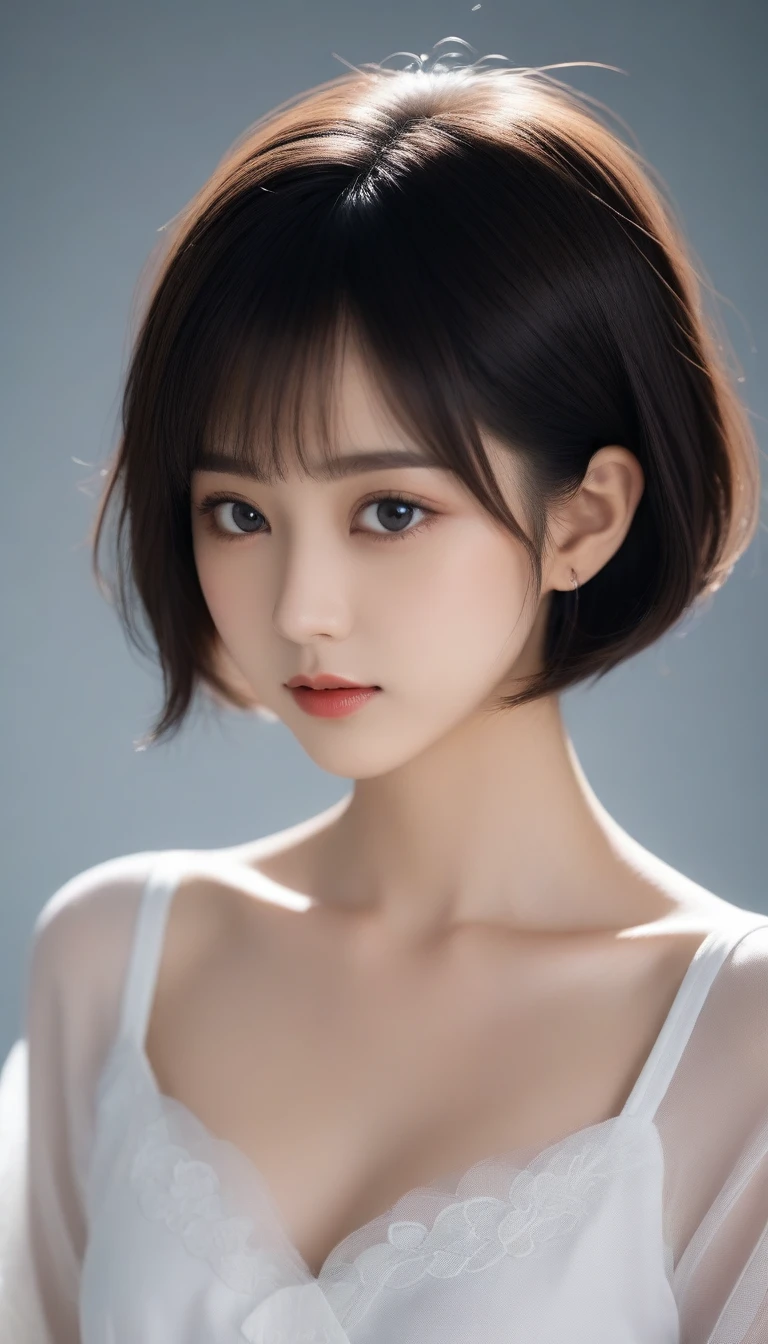 8k, Ultra-high resolution, Highest quality, masterpiece, 三分割法によるphotograph,Surreal, photograph, 1 Girl, (16 years old:1.3), pretty girl, Cute Face, Beautiful eyes in every detail, 細かくdetailedに,masterpiece,One Girl:1.2,Japanese female announcer,upper body,Serious expression,Black short hair,Bob with bangs,Neat dress,Pencil Skirt, Look forward, Standing posture, Opposition, Dynamic Lighting,Hotel room、 Sharp contours, Light from above, Low contrast, (Side view),Perfect and beautiful face ,完璧でCute Face, Skin with attention to detail, Perfect limbs、Narrow waist,Looking at the audience,(((Ideal body type))),A cup small breasts :2,Portraiture:2,Perfect Anatomy,鮮明なdetailed,detailed,Surreal,Light and shadow,stage lights