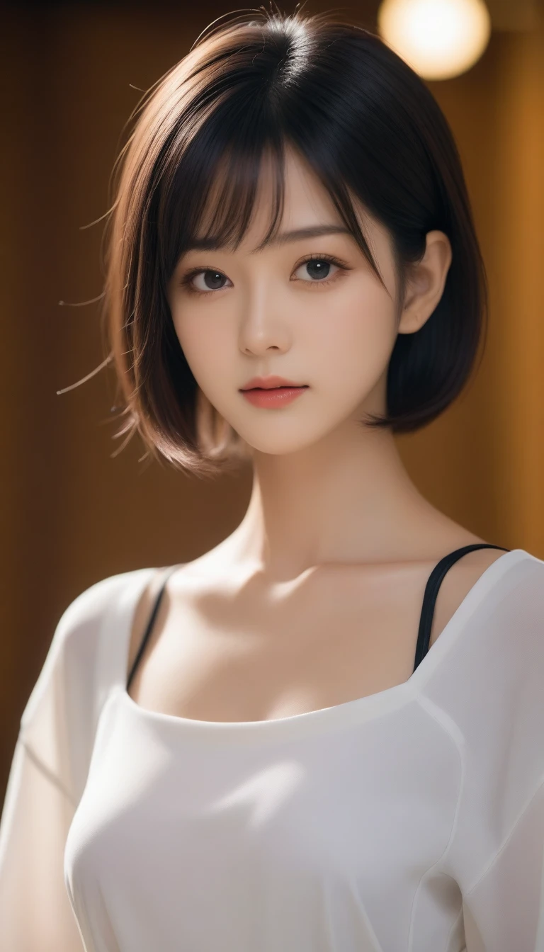 8k, Ultra-high resolution, Highest quality, masterpiece, 三分割法によるphotograph,Surreal, photograph, 1 Girl, (16 years old:1.3), pretty girl, Cute Face, Beautiful eyes in every detail, 細かくdetailedに,masterpiece,One Girl:1.2,Japanese female announcer,upper body,Serious expression,Black short hair,Bob with bangs,Neat dress,Pencil Skirt, Look forward, Standing posture, Opposition, Dynamic Lighting,Hotel room、 Sharp contours, Light from above, Low contrast, (Side view),Perfect and beautiful face ,完璧でCute Face, Skin with attention to detail, Perfect limbs、Narrow waist,Looking at the audience,(((Ideal body type))),A cup small breasts :2,Portraiture:2,Perfect Anatomy,鮮明なdetailed,detailed,Surreal,Light and shadow,stage lights