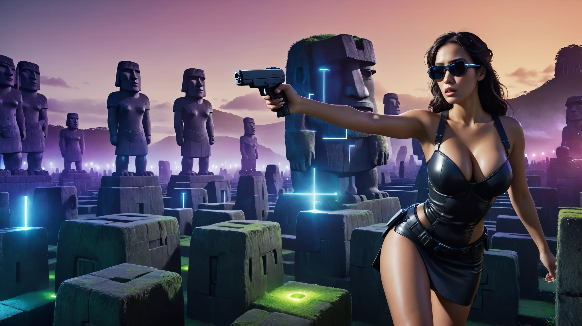 Aerial view, giant Moai statue, sci-fi outdoor maze background. Matrix style, at night, dark sky. (1girl, solo), photo realistic, large-breast:1.2 slim:0.9 body, cleavage:1.2, tube top, miniskirt, (matrix style black sunglasses), (holding a mini:1.1 stun gun), half-body thigh level medium shot, cinematic lighting, ray tracing.