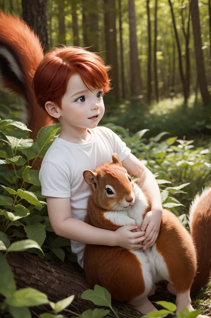 A very red haired one year old baby boy holding a squirrel in the forest Disney carton style