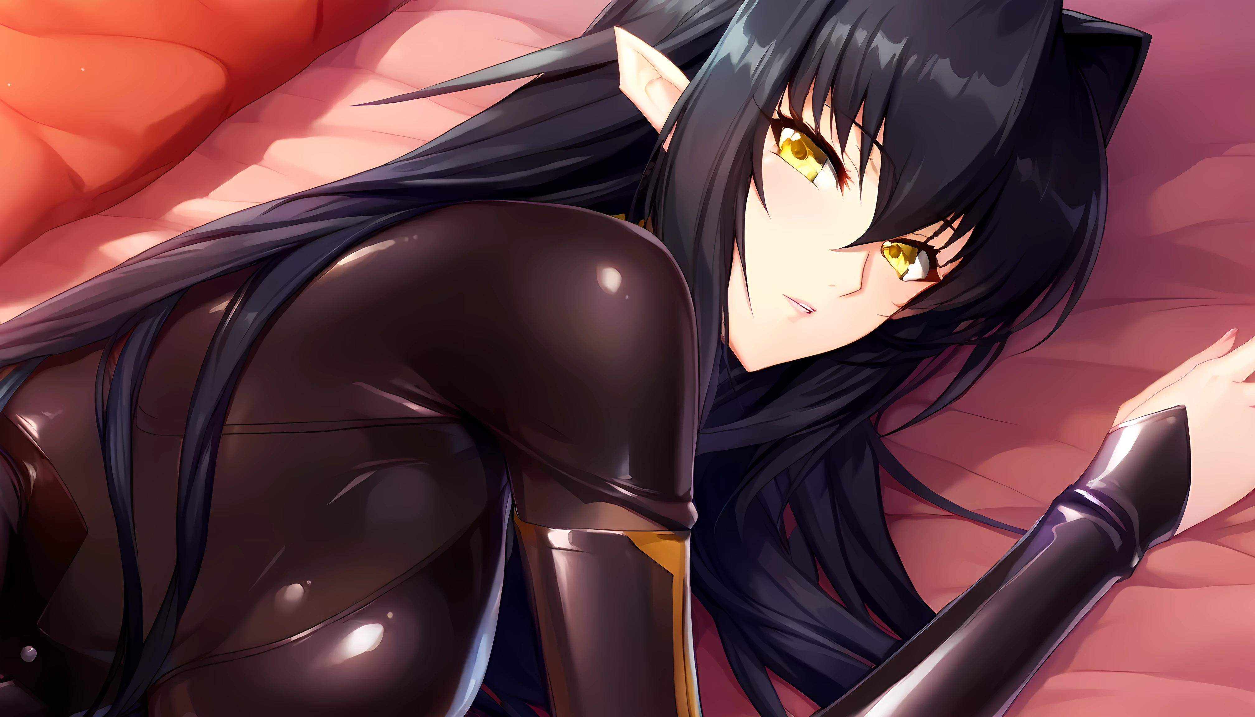 perfecteyes, score_9, Annerose, pointy ears, 1girl, black hair, long hair, hair intake, yellow eyes, black bodysuit, latex, skin tight, half body shot, looking at viewer, elegant and cute shy, front view, sideboobs, laying on the bed, bedroom, lying on their side in bed