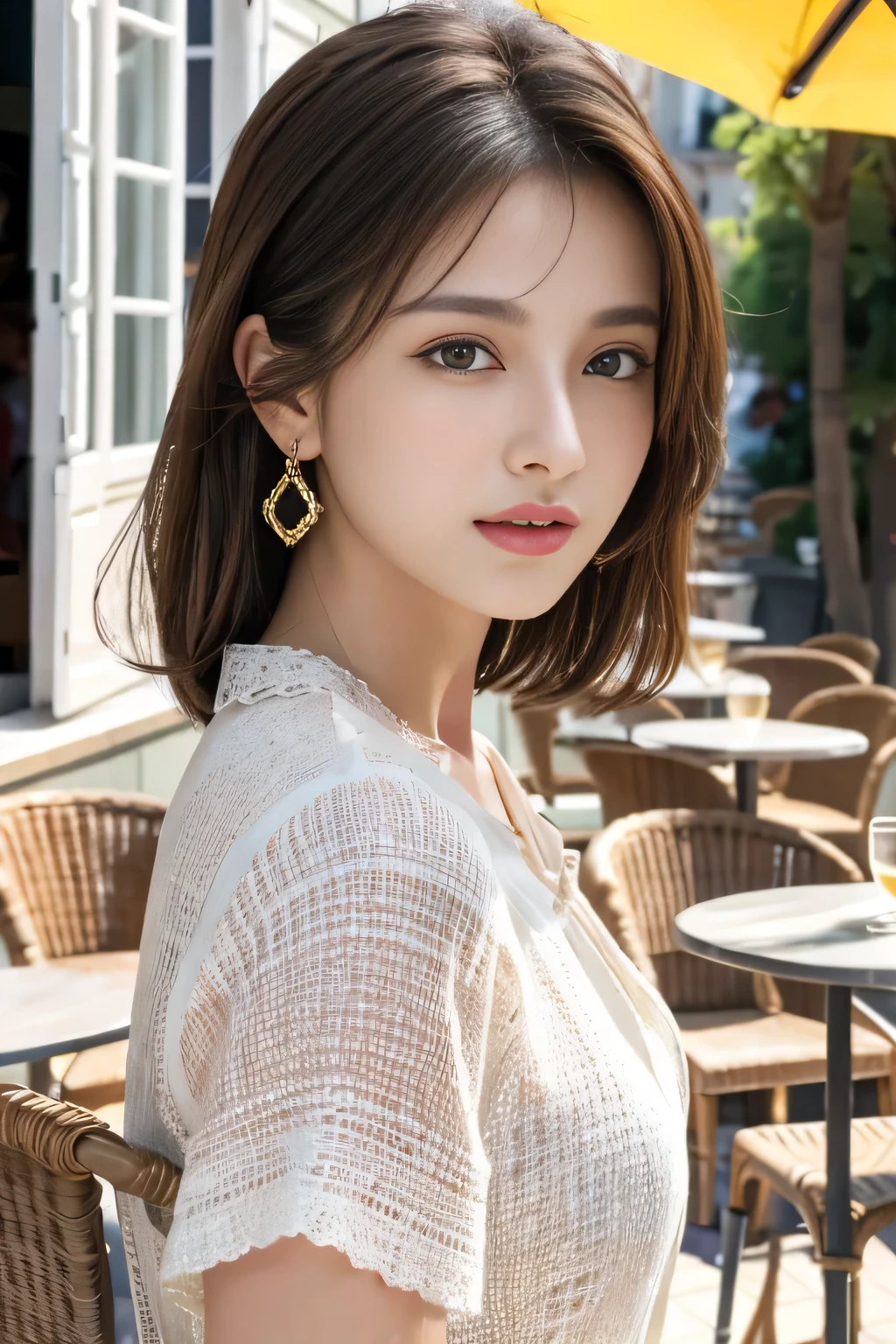 masterpiece, Highest quality, Realistic, Very detailed, Finer details, High resolution, 8k wallpaper, One beautiful woman,Wear a nice blouse, On the terrace of a lovely cafe, at noon, Light brown messy hair, Perfect dynamic composition, Beautiful and beautiful eyes、Big earrings、