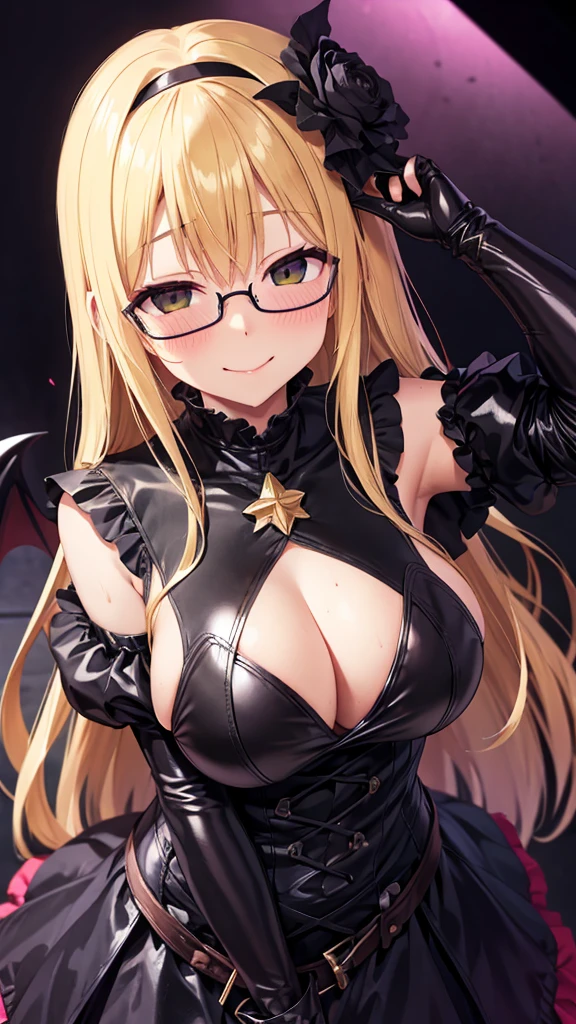 night、Tiaille Lunatique(To Love-Ru)、Blonde、Glasses、Big Breasts、adult、Black Background、Evil background、Hotel Bedroom、Sensual pink light、Gothic ta、Upper Body、tall、Black long gloves、Upper Body、Evil female warrior、Dark Side、Condescending smile、Fallen into evil、Fall into Darkness、Sexy pose、Yellow-green eyes Mouth slightly open、Alluring、lure