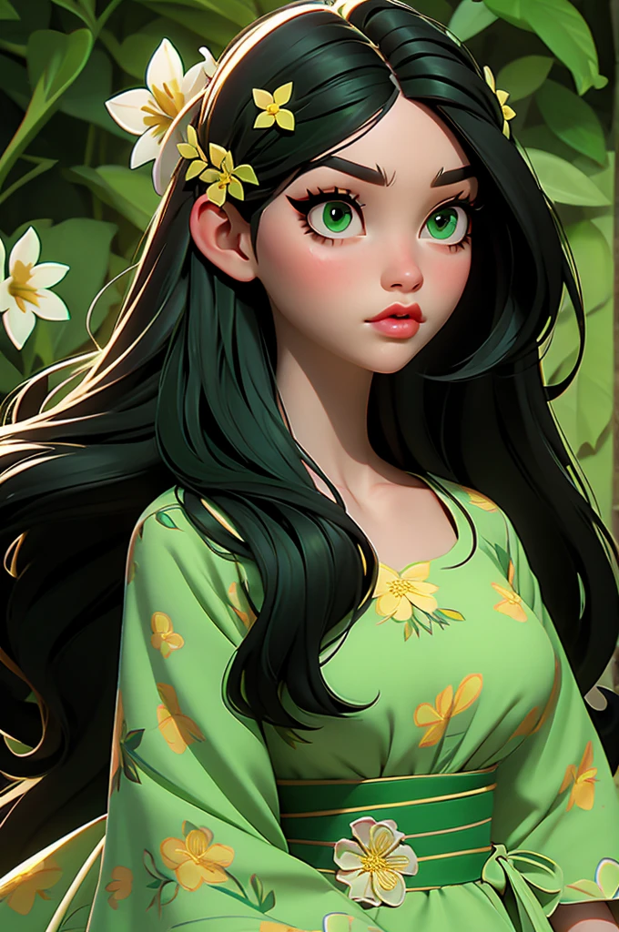 Mabel, long hair, flower dress, green eyes, black hair
, big lips,
