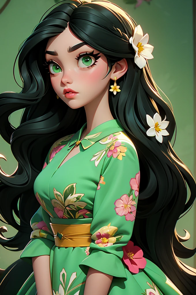 Mabel, long hair, flower dress, green eyes, black hair
, big lips,