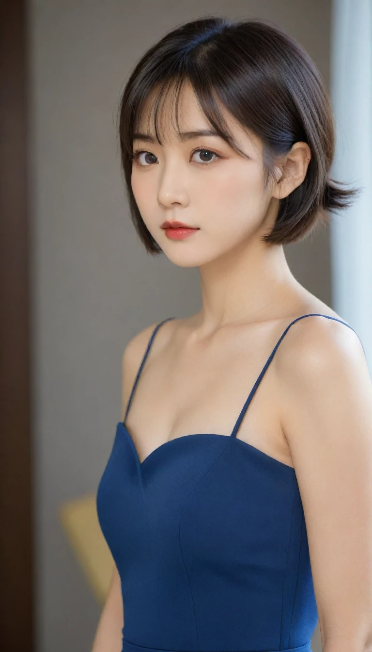 8k, Ultra-high resolution, Highest quality, masterpiece, 三分割法によるphotograph,Surreal, photograph, 1 Girl, (16 years old:1.3), pretty girl, Cute Face, Beautiful eyes in every detail, 細かくdetailedに,masterpiece,One Girl:1.2,Japanese female announcer,upper body,Serious expression,Black short hair,Bob with bangs,Neat dress,Pencil Skirt, Look forward, Standing posture, Opposition, Dynamic Lighting,Hotel room、 Sharp contours, Light from above, Low contrast, (Side view),Perfect and beautiful face ,完璧でCute Face, Skin with attention to detail, Perfect limbs、Narrow waist,Looking at the audience,(((Ideal body type))),A cup small breasts :2,Portraiture:2,Perfect Anatomy,鮮明なdetailed,detailed,Surreal,Light and shadow,stage lights