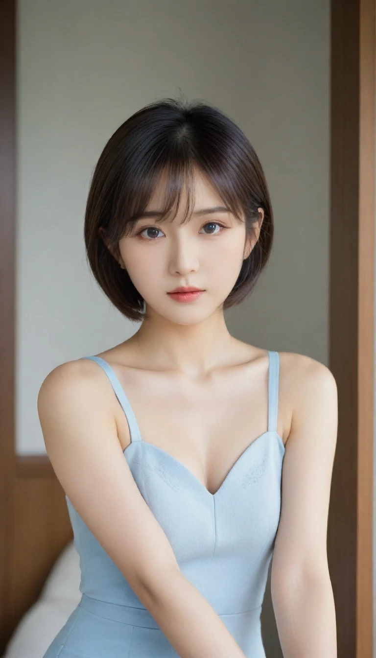 8k, Ultra-high resolution, Highest quality, masterpiece, 三分割法によるphotograph,Surreal, photograph, 1 Girl, (:1.3), pretty girl, Cute Face, Beautiful eyes in every detail, 細かくdetailedに,masterpiece,One Girl:1.2,Japanese female announcer,upper body,Serious expression,Black short hair,Bob with bangs,Neat dress,Pencil Skirt, Look forward, Standing posture, Opposition, Dynamic Lighting,Hotel room、 Sharp contours, Light from above, Low contrast, (Side view),Perfect and beautiful face ,完璧でCute Face, Skin with attention to detail, Perfect limbs、Narrow waist,Looking at the audience,(((Ideal body type))),A cup small breasts :2,Portraiture:2,Perfect Anatomy,鮮明なdetailed,detailed,Surreal,Light and shadow,stage lights