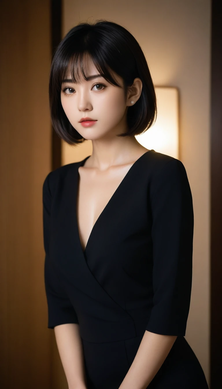 8k, Ultra-high resolution, Highest quality, masterpiece, 三分割法によるphotograph,Surreal, photograph, 1 Girl, (16 years old:1.3), pretty girl, Cute Face, Beautiful eyes in every detail, 細かくdetailedに,masterpiece,One Girl:1.2,Japanese female announcer,upper body,Serious expression,Black short hair,Bob with bangs,Neat dress,Pencil Skirt, Look forward, Standing posture, Opposition, Dynamic Lighting,Hotel room、 Sharp contours, Light from above, Low contrast, (Side view),Perfect and beautiful face ,完璧でCute Face, Skin with attention to detail, Perfect limbs、Narrow waist,Looking at the audience,(((Ideal body type))),A cup small breasts :2,Portraiture:2,Perfect Anatomy,鮮明なdetailed,detailed,Surreal,Light and shadow,stage lights