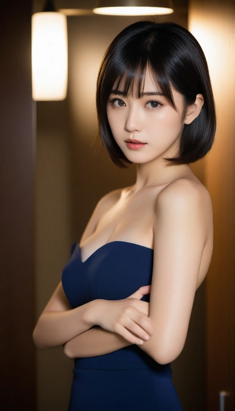8k, Ultra-high resolution, Highest quality, masterpiece, 三分割法によるphotograph,Surreal, photograph, 1 Girl, (:1.3), pretty girl, Cute Face, Beautiful eyes in every detail, 細かくdetailedに,masterpiece,One Girl:1.2,Japanese female announcer,upper body,Serious expression,Black short hair,Bob with bangs,Neat dress,Pencil Skirt, Look forward, Standing posture, Opposition, Dynamic Lighting,Hotel room、 Sharp contours, Light from above, Low contrast, (Side view),Perfect and beautiful face ,完璧でCute Face, Skin with attention to detail, Perfect limbs、Narrow waist,Looking at the audience,(((Ideal body type))),A cup small breasts :2,Portraiture:2,Perfect Anatomy,鮮明なdetailed,detailed,Surreal,Light and shadow,stage lights