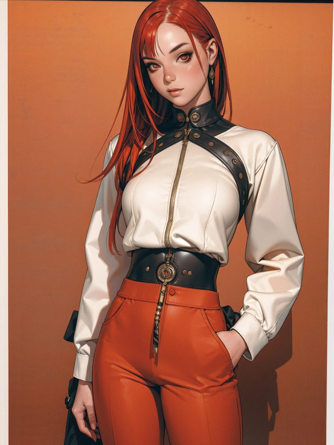 (best qualityer))), (((manga strokes))), (((red bob hair with straight bangs and red highlights))), (((wide pants with 2 side stripes))), uma Kizi jovem muito bem vestida com roupas modernas de inverno, top gift vertical stripes, short jacket with dark fur collar, beautiful and expressive face, slightly-smile, big eyes with long black eyelashes, heavy make-up, chains and zippers spread across clothes, contrasting colours, pose de atitude, hair with a modern and futuristic cut, urban game poster art, dramatic camera angles, graffiti art elements in the background, design mixing contemporary and retro by Shepard Fairey, (((cowboy shot))), (((best qualityer: 1.4))), (Unbeatable masterpiece), (hiper HD),(CG 8k hyper-realistic), Kizi, (((standing alone))), pirralha violent, (((14歳))), sexly, pose de atitude, work of art, post-apocalypse, (((manga style))), bounty hunter, violent, Manic, the way you want, slenderbody, thin but strong, perfectbody, roupa moderna, advanced technology, neon, sleeves with vertical striped pattern, neutral background, (( cowboy shot )). intricate visual
