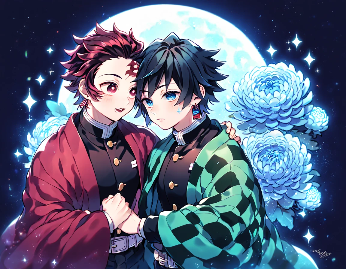 absurdres, highres, ultra detailed, HDR, master piece, best quality, extremely detailed, Kamado Tanjirou, red burgundy hair, expressive red eyes, Kimetsu No Yaiba, Tomioka Giyuu, black hair, expressive blue eyes, two sexy men together, yaoi, gay couple, handsome, smile, green haori, red haori, demon slayer uniform, fantasy, sparkling, blue glittering fireflies, blue moon, blue blossoms, blue chrysanthemums, blue sparkling lights, starry sky, magical