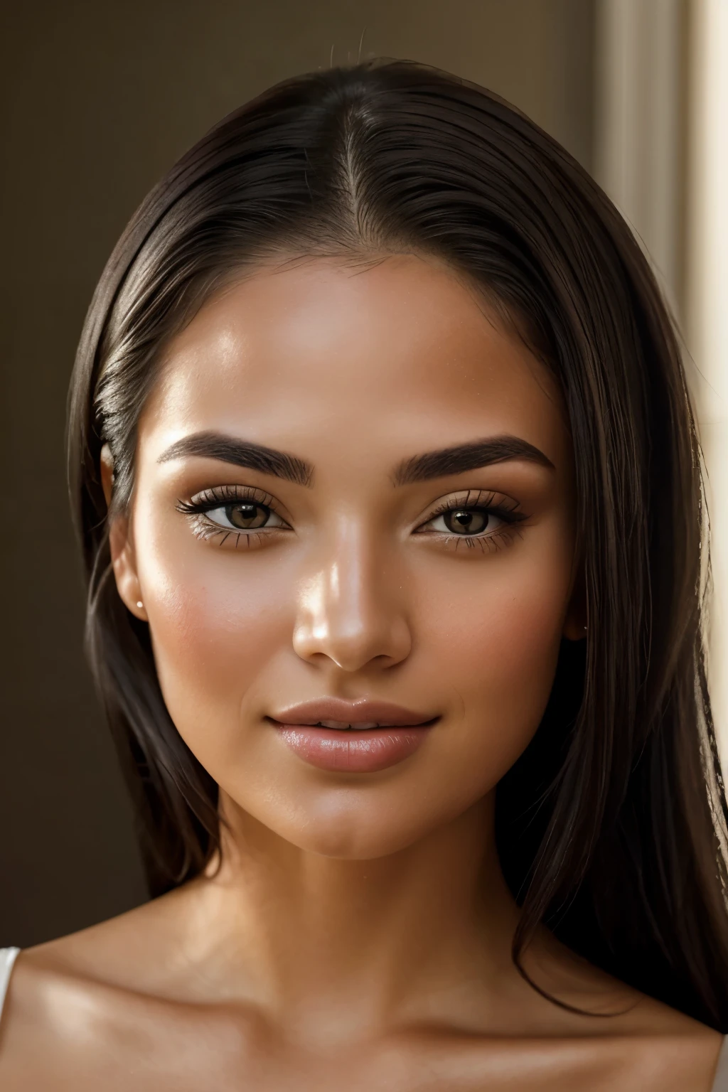 Higher resolution frontal portrait photo of a woman named Lydia Grace, showcasing a radiant oval face that exudes an irresistible elegance and charm. Her long, straight, and cascading black hair falls gracefully over her shoulders, adding a mysterious allure to her enchanting appearance. Her mesmerizing light honey-brown eyes, filled with intelligence and warmth, captivate the viewer with their sparkling gaze.

Lydia's features are perfectly balanced, with an elegant nose and softly defined cheekbones that add to her timeless beauty. Her radiant smile, full and rosy, can light up any room, leaving an everlasting impression on