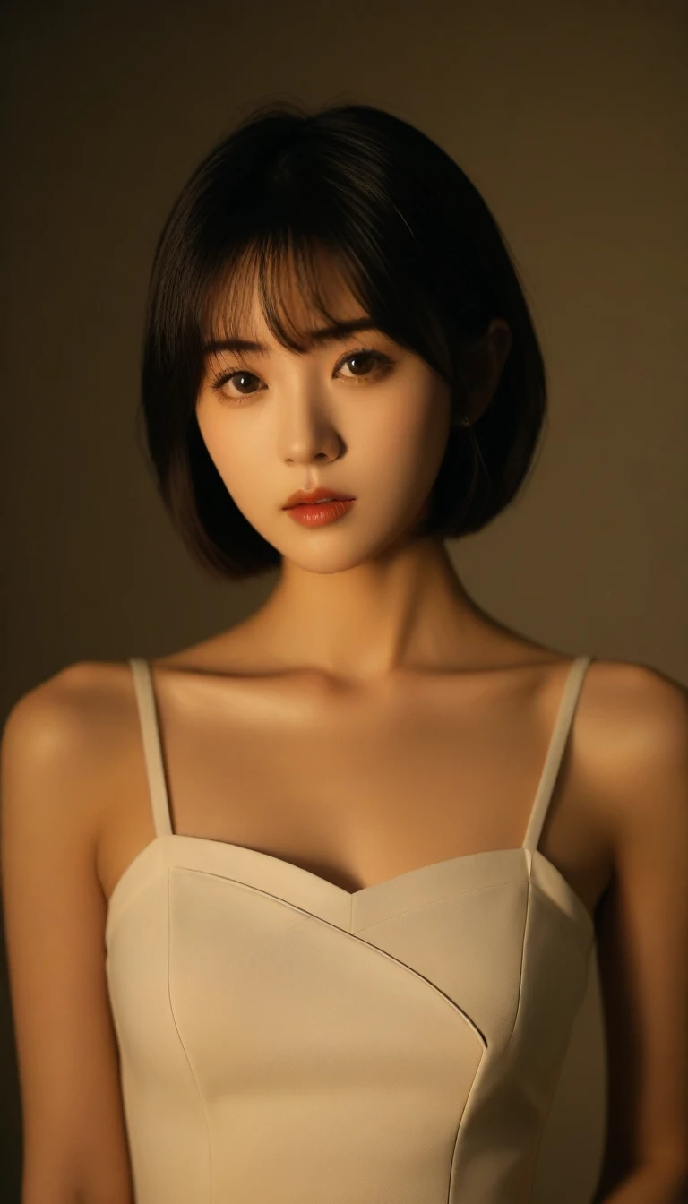 8k, Ultra-high resolution, Highest quality, masterpiece, 三分割法によるphotograph,Surreal, photograph, 1 Girl, (:1.3), pretty girl, Cute Face, Beautiful eyes in every detail, 細かくdetailedに,masterpiece,One Girl:1.2,Japanese female announcer,upper body,Serious expression,Black short hair,Bob with bangs,Neat dress,Pencil Skirt, Look forward, Standing posture, Opposition, Dynamic Lighting,Hotel room、 Sharp contours, Light from above, Low contrast, (Side view),Perfect and beautiful face ,完璧でCute Face, Skin with attention to detail, Perfect limbs、Narrow waist,Looking at the audience,(((Ideal body type))),A cup small breasts :2,Portraiture:2,Perfect Anatomy,鮮明なdetailed,detailed,Surreal,Light and shadow,stage lights