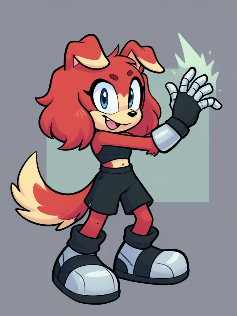 Custom avatar, red dog character, wearing black shorts, in the cyberspace￼, cgi backround, doing a dyamic pose,
rubber_hose_character,
 