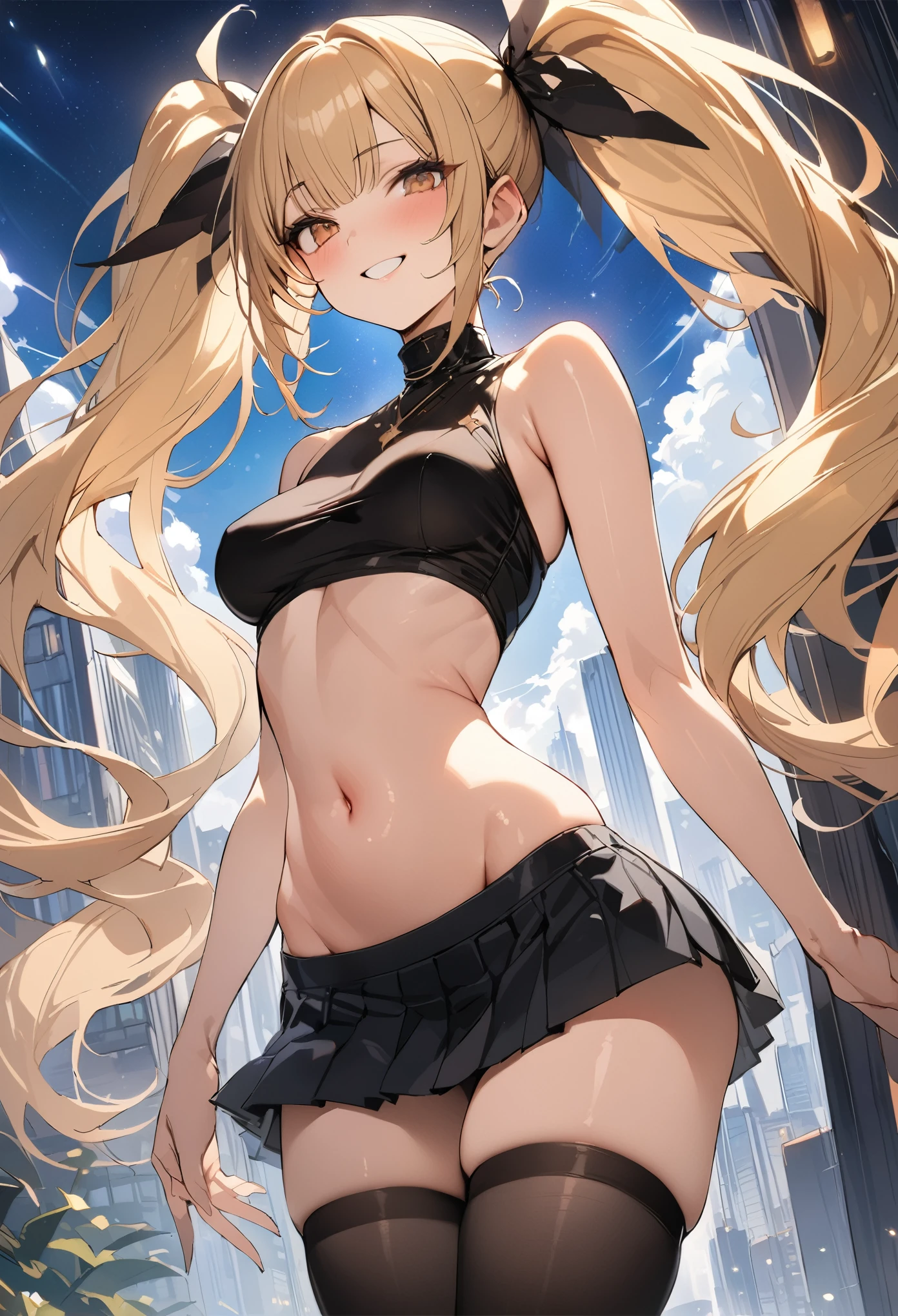 Fantasy art、((masterpiece,best quality anime,Highest quality:1.3)),cowboy shot,(Mature Beauty),Female Wizard、独奏,1woman,((very small head:1.3)),((ideal ratio body proportions:1.2)),blonde hair,high twin tails,straight long hair,bangs,gorgeous eyes,brown eyes,smile,(Black sleeveless、turtleneck、Belly button、Black pleated mini skirt),black_thighhighs,((slender body,skinny,toned body)),medium breasts,gleaming skin,shiny skin,(Fly、fly in the sky,Overlooking the high-rise buildings)、Starry Sky、Night Sky、Tokyo、A modern magical fantasy world、