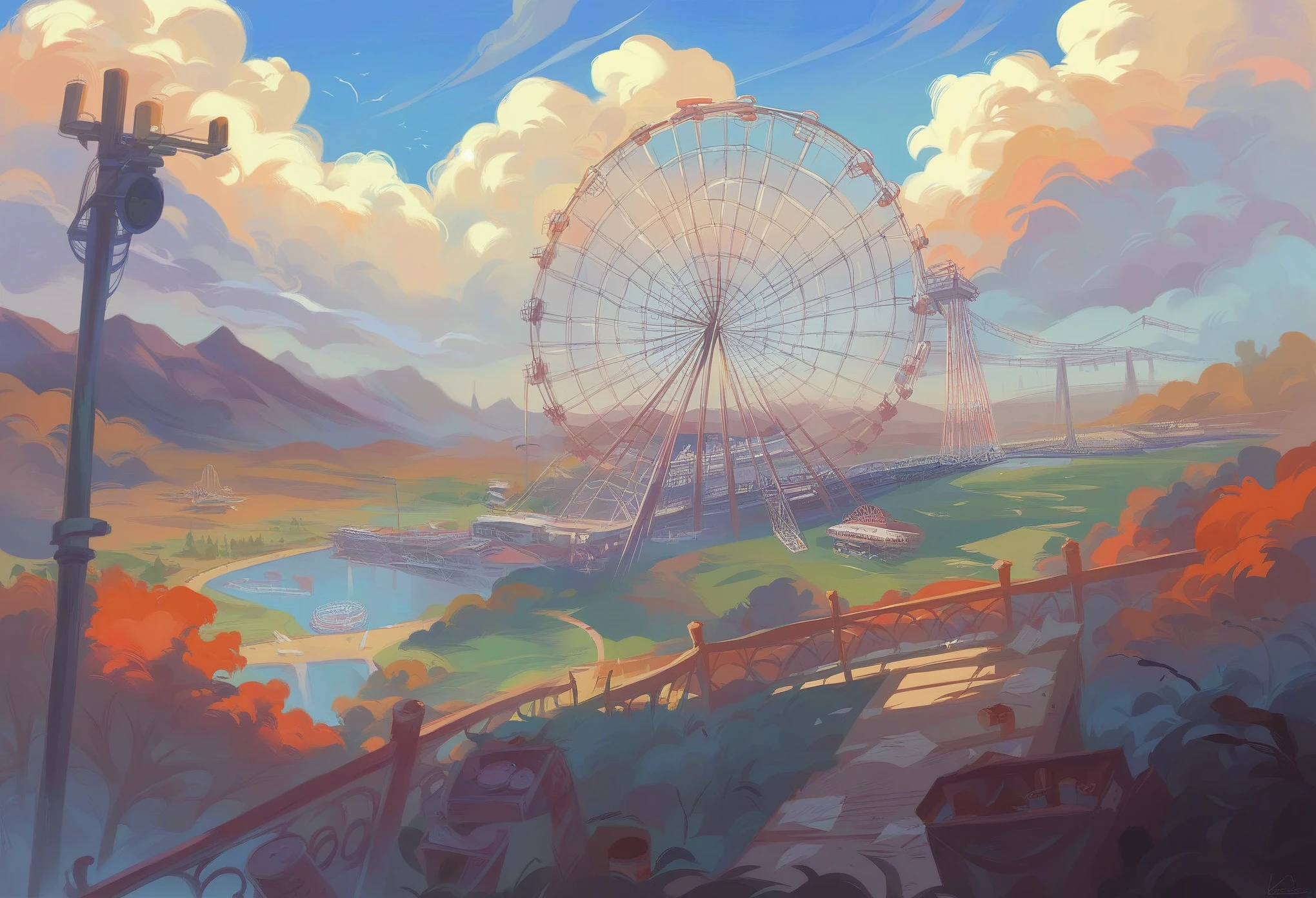 The scenery outside the window of the gondola at the top of the Ferris wheel, can see roller coasters, carousels, haunted teacups, and more, distant view, outside the amusement park is a residential area, mountains can be seen in the distance, amusement park,It is late autumn, Cloudy,