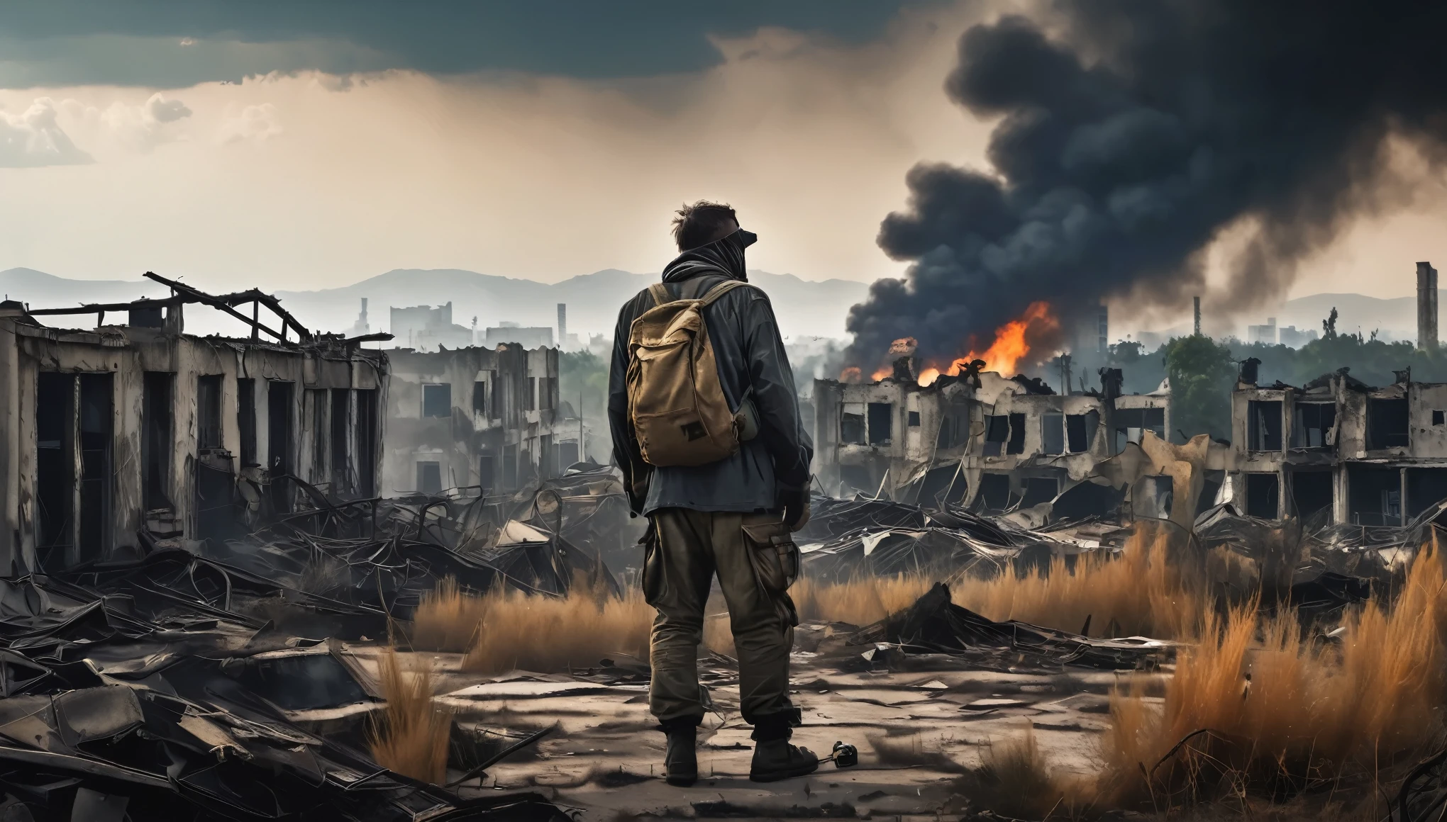 A post-apocalyptic landscape with crumbling, abandoned buildings and dense, overgrown vegetation reclaiming the ruins. A lone survivor in tattered clothes, wearing a makeshift gas mask, scavenges through the debris, with a dilapidated, ruined cityscape stretching out in the background. Thick smoke rises from distant fires, casting an eerie glow on the scene, and the sky is filled with heavy, ominous clouds. Ultra-high definition, sharp details, dramatic camera sweep from the ground up to the sky, capturing the desolation and bleakness of the scene.
