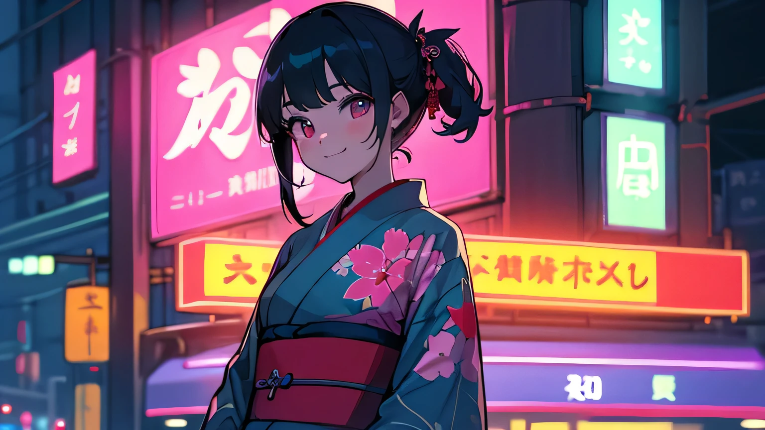 kimono, smile, girl, hong kong city, bulding, neon, night