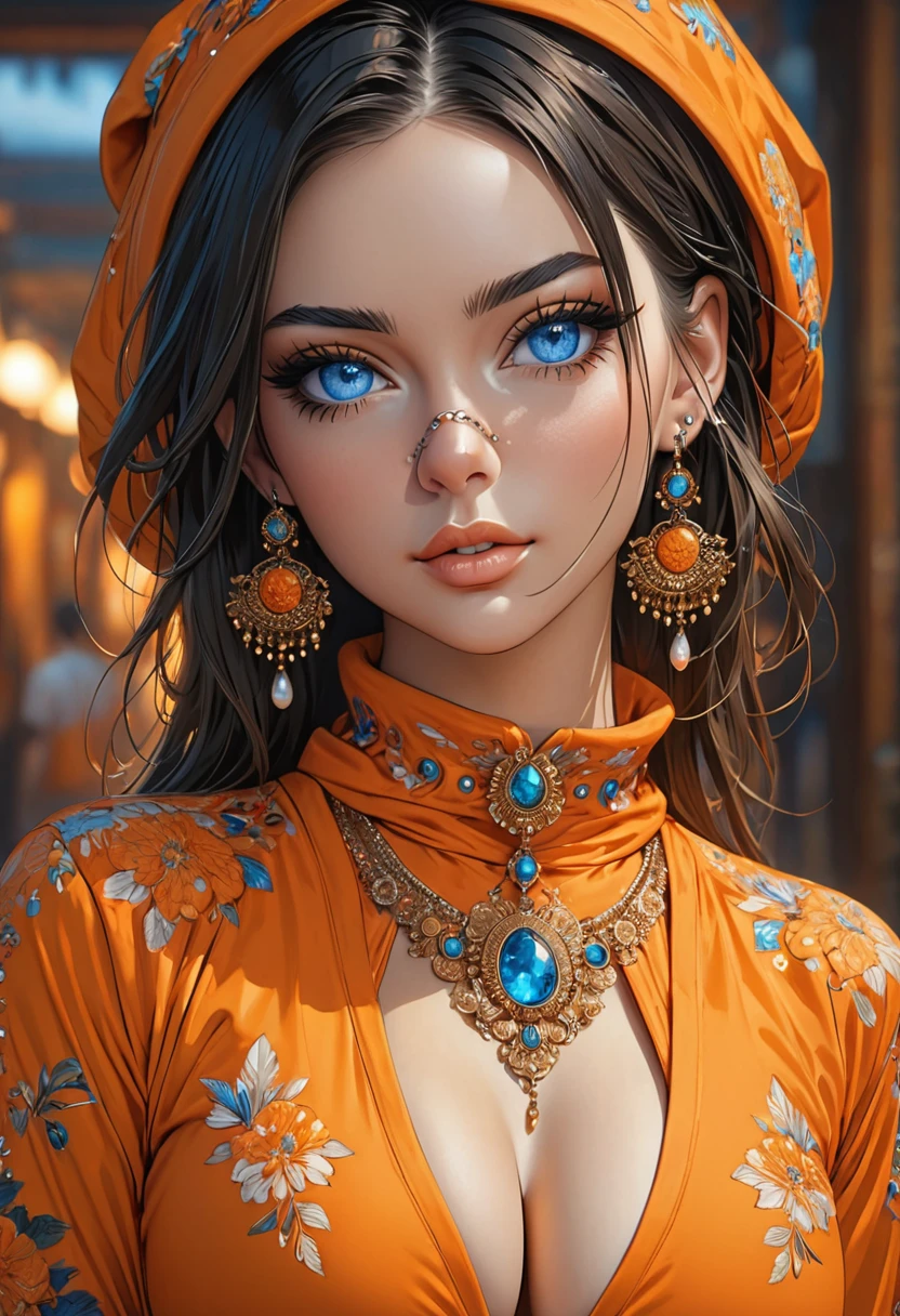 nose piercing, standing, jewelry, orange jumpsuit (insanely detailed, beautiful detailed face, masterpiece, best quality), cleavage, piercing blue eyes
