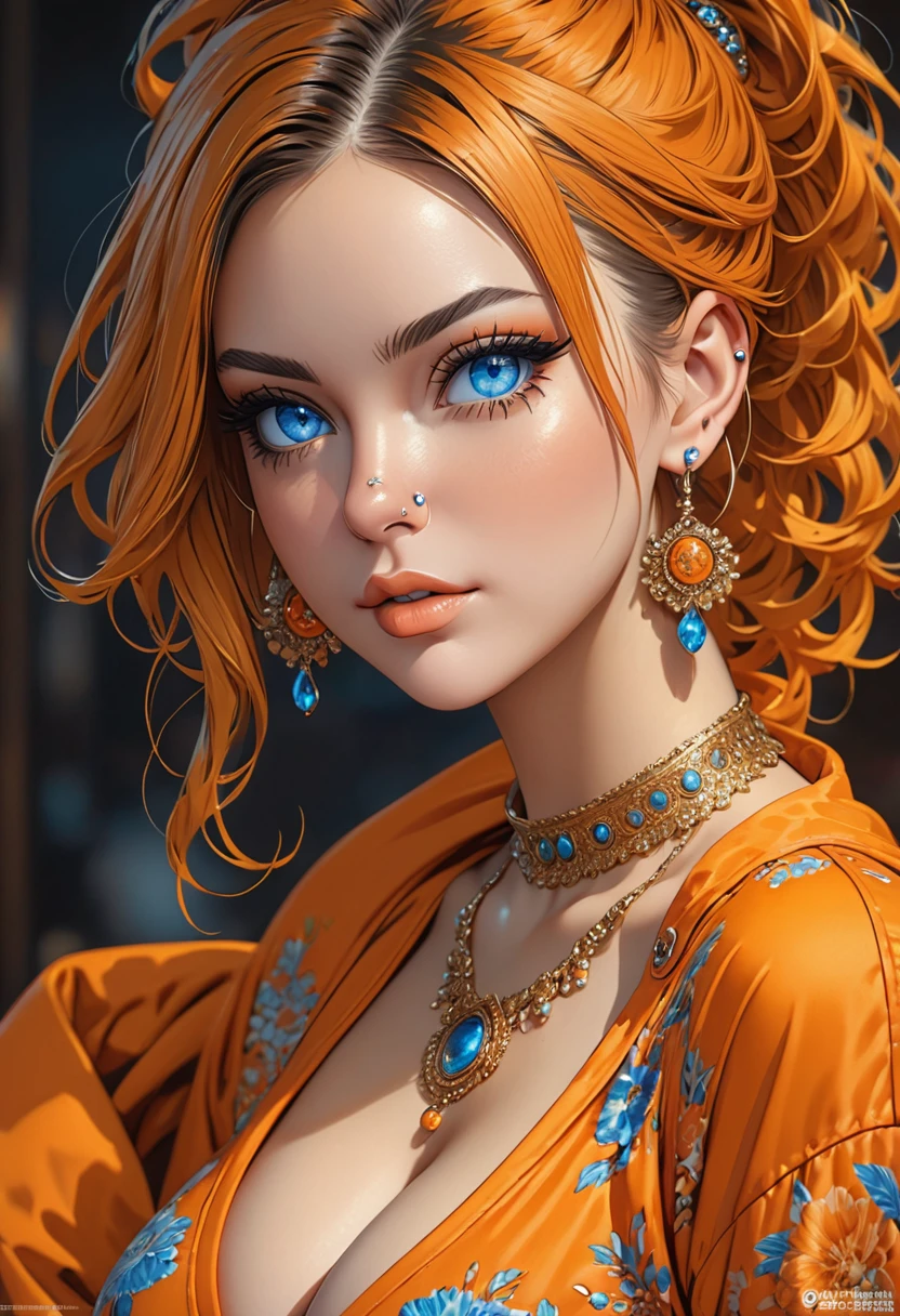 nose piercing, standing, jewelry, orange jumpsuit (insanely detailed, beautiful detailed face, masterpiece, best quality), cleavage, piercing blue eyes