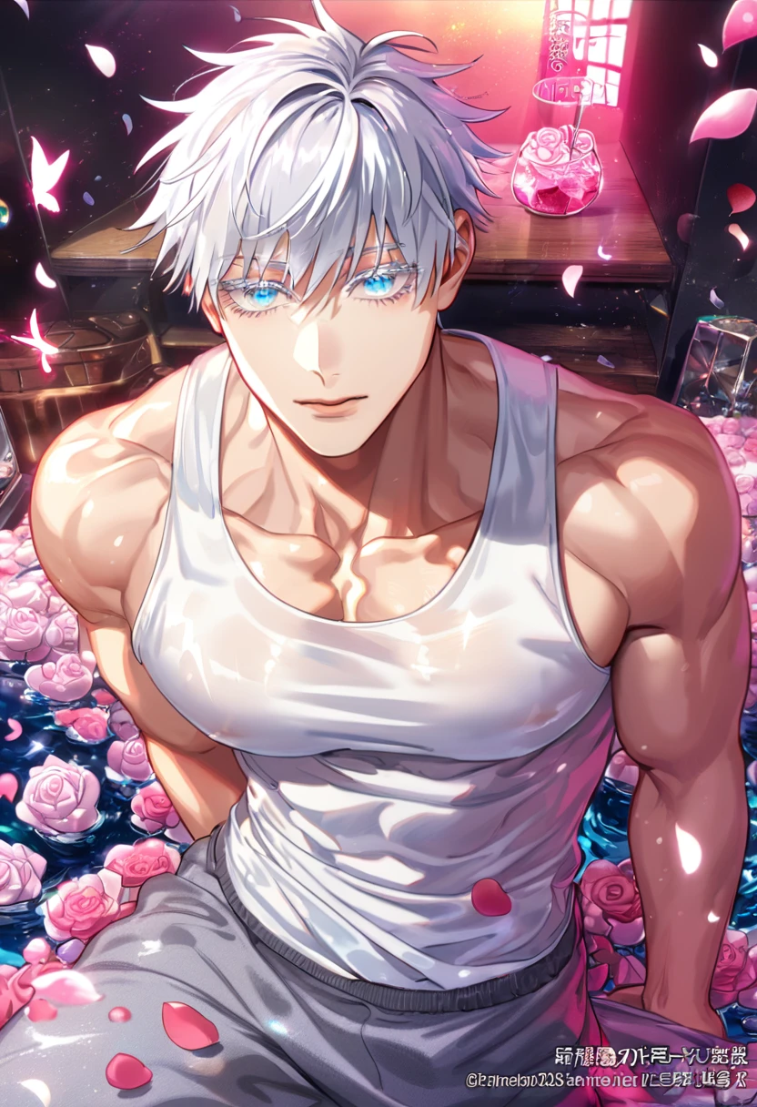 Ultra detailed, HDR, Highres, absurdres, master piece, Gojou Satoru, white hair with bangs, white eyelashes, expressive blue eyes, white tank top, toned chest, gray training pants, Jujutsu Kaisen, sexy man, solo, pink glittering butterflies, pink ice, petals, pink ice glass roses, sexy man, sensual, handsome, glittering, water, fantasy, magical, room, horny,