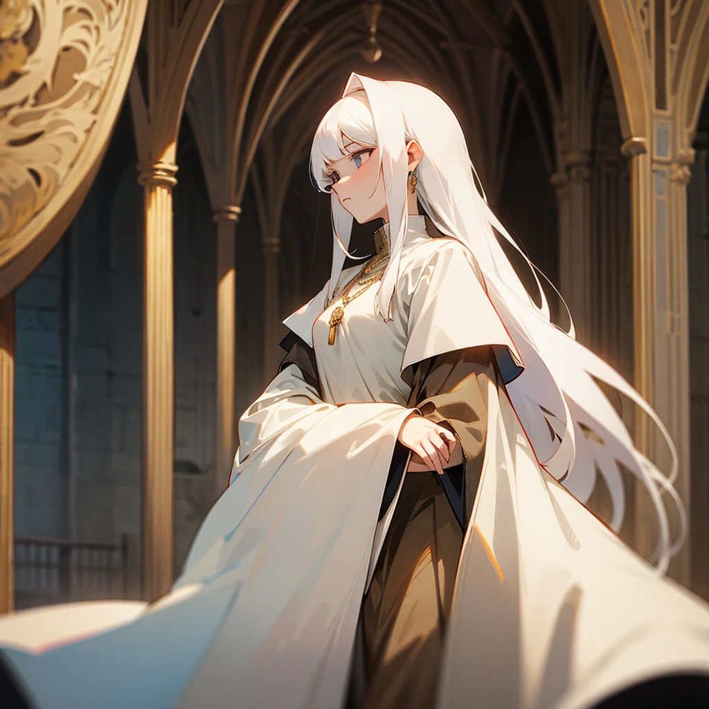 white haired woman like a medieval nobleman