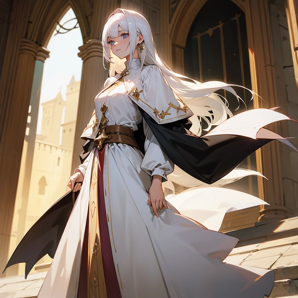 white haired woman like a medieval nobleman