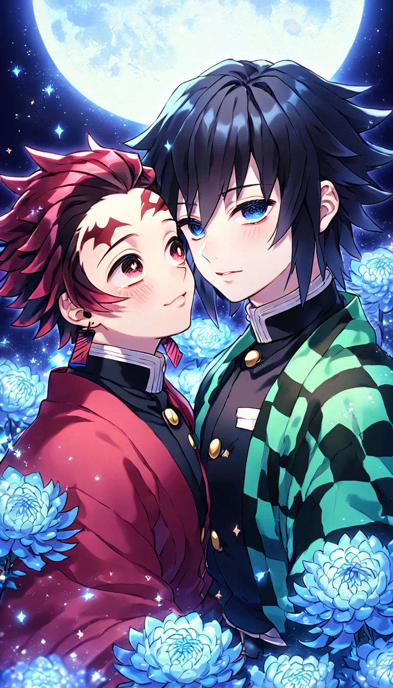 absurdres, highres, ultra detailed, HDR, master piece, best quality, extremely detailed, Tomioka Giyuu, black hair, expressive blue eyes, Kimetsu No Yaiba, Kamado Tanjirou, red burgundy hair, expressive red eyes, two sexy men together, yaoi, gay couple, handsome, green haori, red haori, demon slayer uniform, fantasy, sparkling, blue glittering fireflies, blue moon, blue blossoms, blue chrysanthemums, blue sparkling lights, starry sky, magical