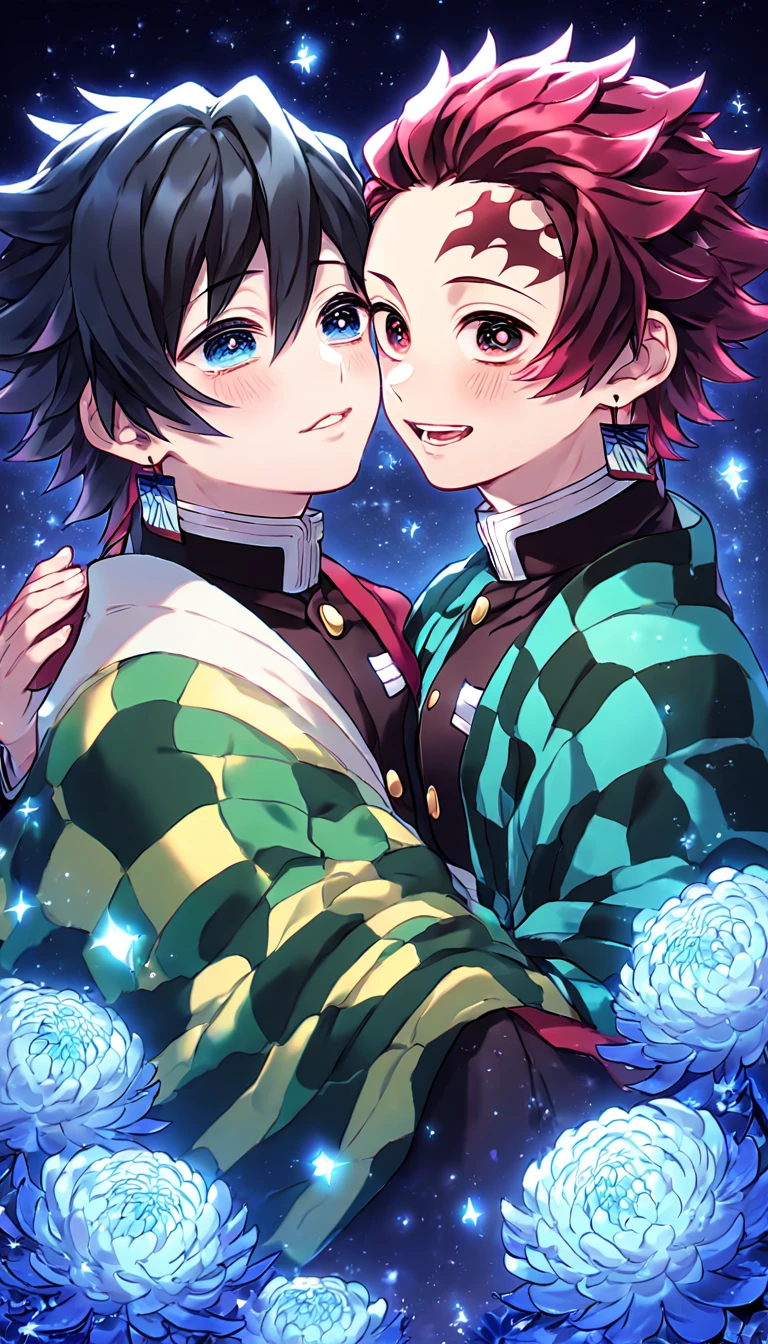 absurdres, highres, ultra detailed, HDR, master piece, best quality, extremely detailed, Kamado Tanjirou, red burgundy hair, expressive red eyes, Kimetsu No Yaiba, Tomioka Giyuu, black hair, expressive blue eyes, two sexy men together, yaoi, gay couple, handsome, smile, green haori, red haori, demon slayer uniform, fantasy, sparkling, blue glittering fireflies, blue moon, blue blossoms, blue chrysanthemums, blue sparkling lights, starry sky, magical