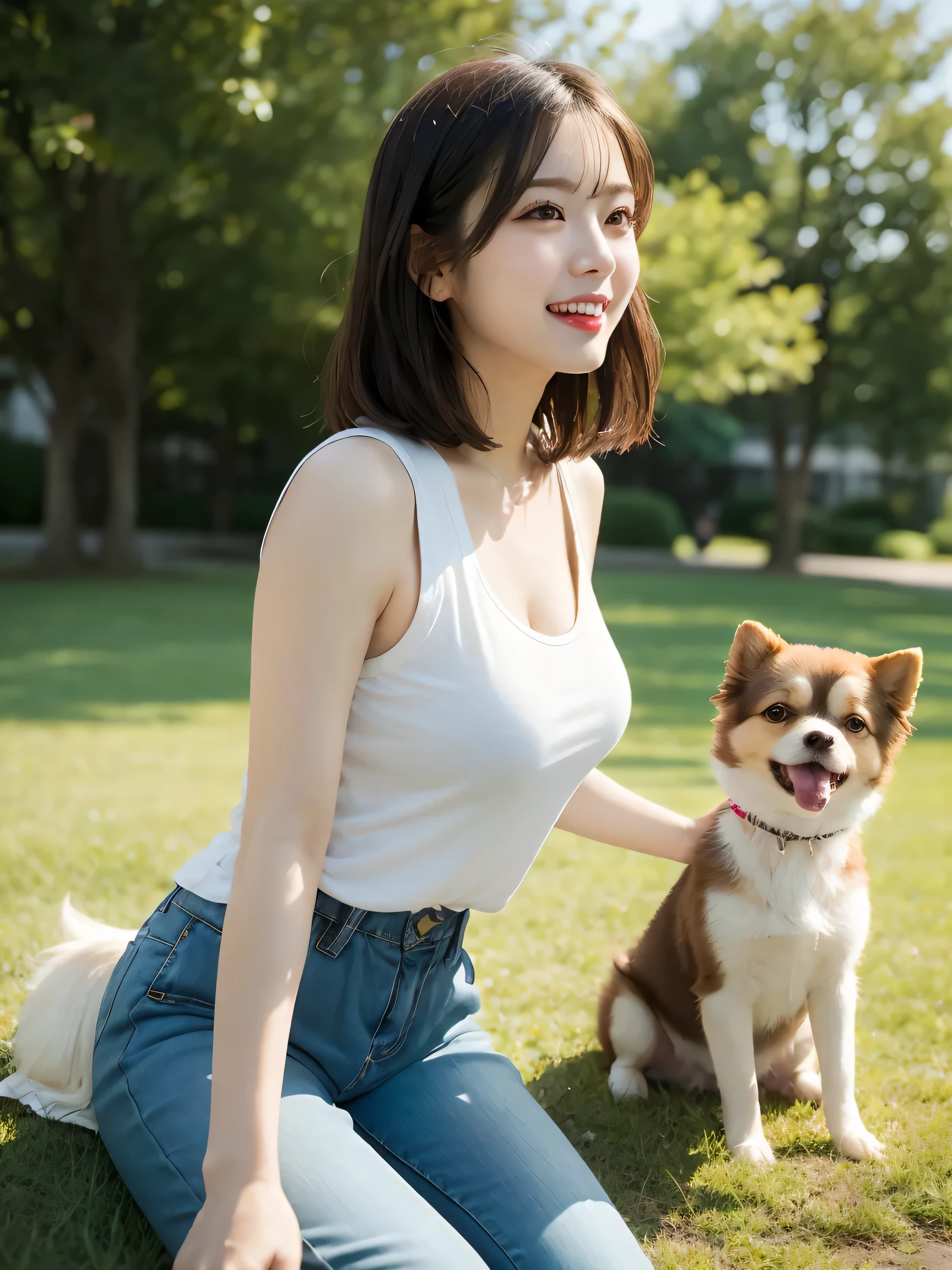 Tabletop, Highest quality, Realistic, In detail, High resolution, 8k wallpaper, Perfect dynamic composition, Beautiful attention to detail, (Biologically Correct Limbs, refer, nail), short hair, Shiny Hair, Big ample breasts, Random Pause、(retro color, Cute Sleeveless T-Shirts, Cute Chino Pants)、Cute Pumps, (Breast bulge:1.3)、Laughter、(Park scenery、grass), sunny, Sitting, girl, 23 years old, only, (Droopy eyes)、Adult Beauty、Japanese women、(Walking with dog, dog, Pomeranian, Small dog), Look at the dog, Side view,