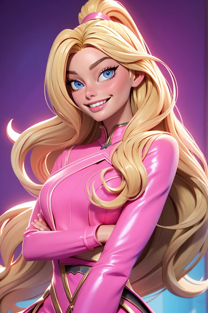margot robbie, long hair, blonde, pink fushia outfit, blue eyes, smiling