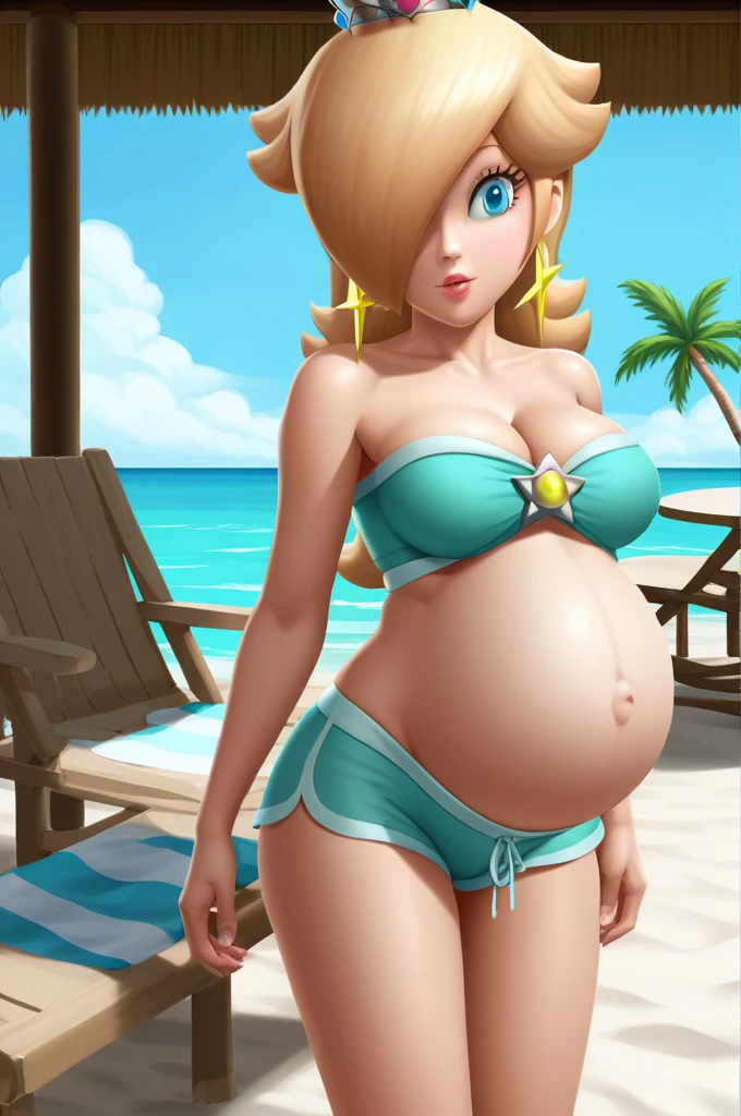 score_9, score_8_up, 1girl, solo, rosalina, style parody, thick outlines, black bikini, shorts, pregnant belly, sleeveless, strapless, cleavage, indoors, beach, 