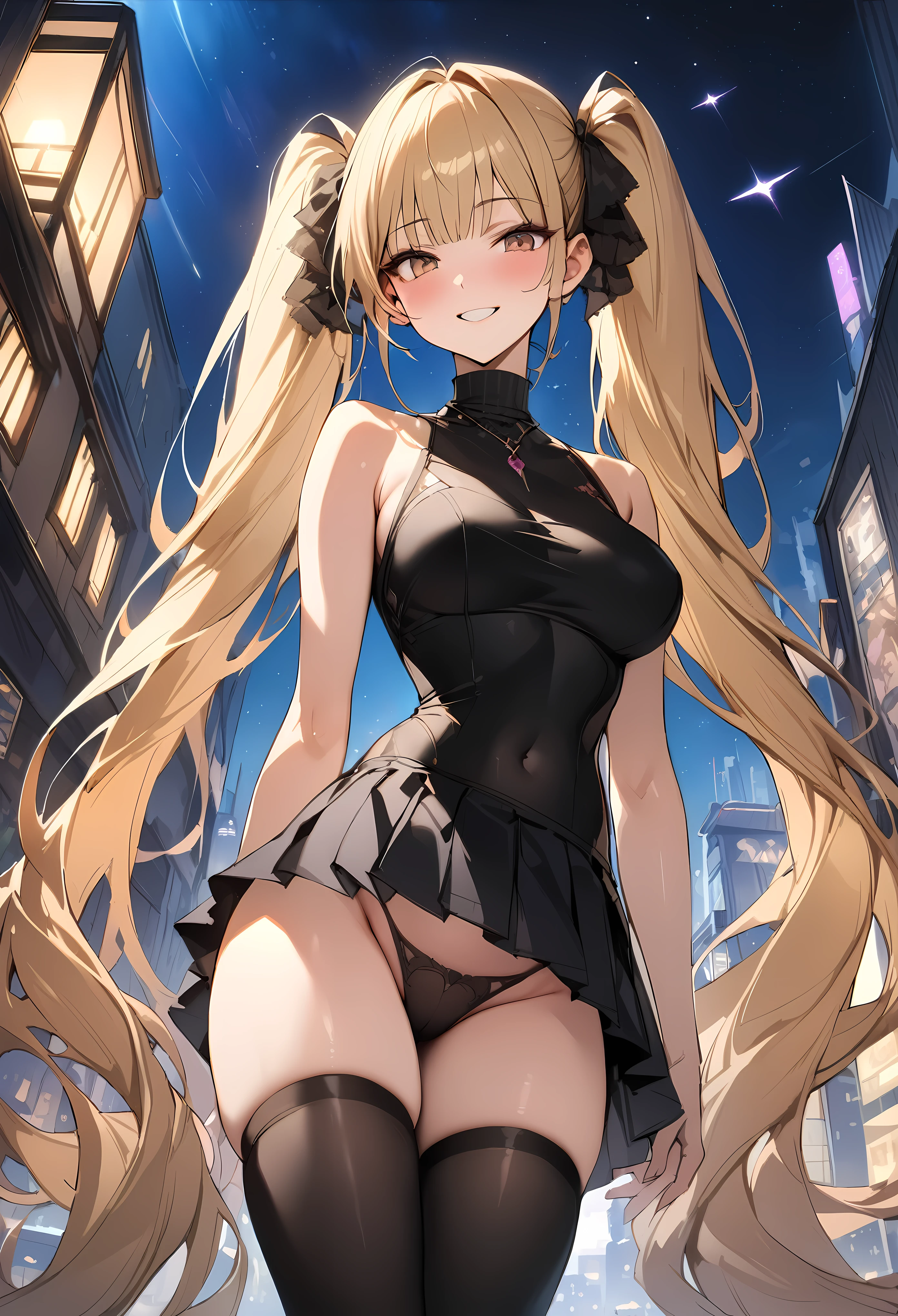 Fantasy art、((masterpiece,best quality anime,Highest quality:1.3)),cowboy shot,(Mature Beauty),Female Wizard、solo,1woman,((very small head:1.3)),((ideal ratio body proportions:1.2)),blonde hair,high twin tails,straight long hair,bangs,gorgeous eyes,brown eyes,smile,(Black sleeveless、turtleneck、Belly button、Black pleated mini skirt),black_thighhighs,((slender body,skinny,toned body)),medium breasts,gleaming skin,shiny skin,(Fly、fly in the sky,Overlooking the high-rise buildings)、Starry Sky、Night Sky、Tokyo、A modern magical fantasy world、