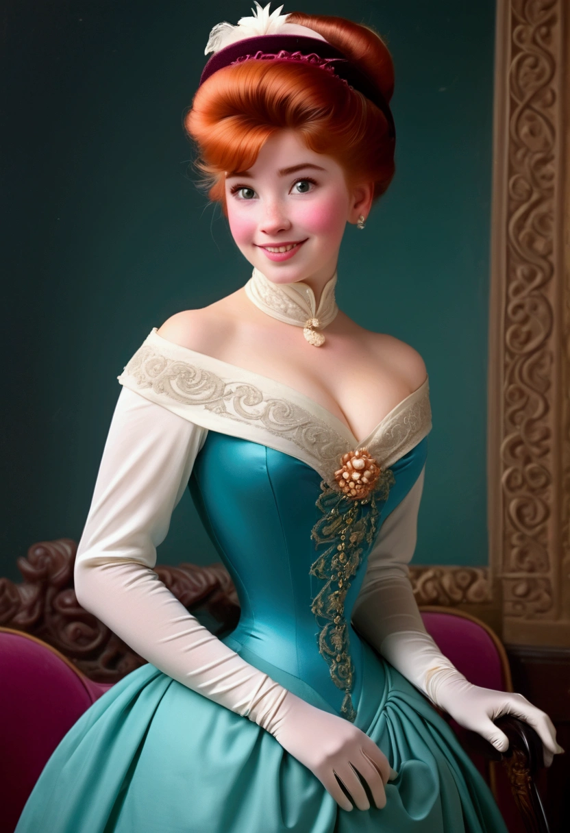 Year 1900. Princess Anna as a hot teensocialite. Gibson Girl pompadour hairstyle, redhead. Fancy picture hat, strapless sleeveless party dress, gloves, petticoats, silk stockings, boots. Hourglass figure, large bosom, wasp waist, bubble butt. Coquettish smile. Debutante party. 1900s Gibson Girl fashions