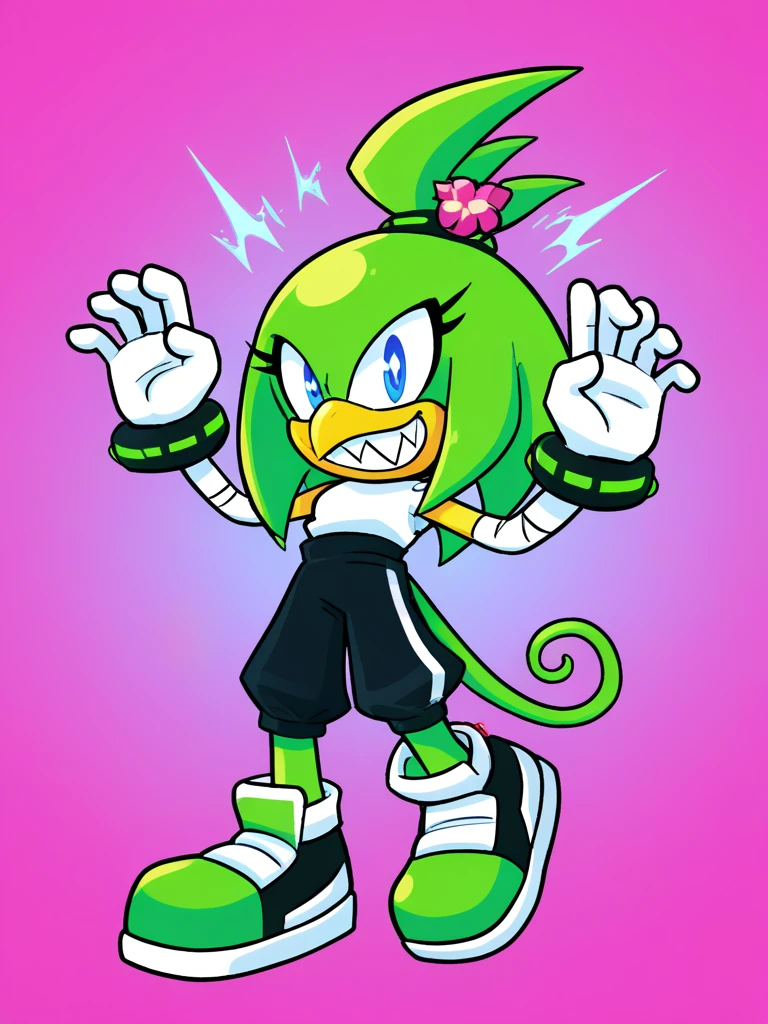 Custom avatar, green Acid trippy bird character, wearing black shorts, in the cyberspace, cgi backround, doing a dyamic pose,
rubber_hose_character,