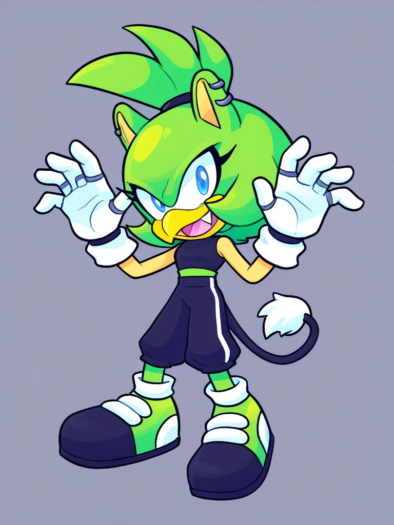 Custom avatar, green Acid trippy bird character, wearing black shorts, in the cyberspace￼, cgi backround, doing a dyamic pose,
rubber_hose_character,
 