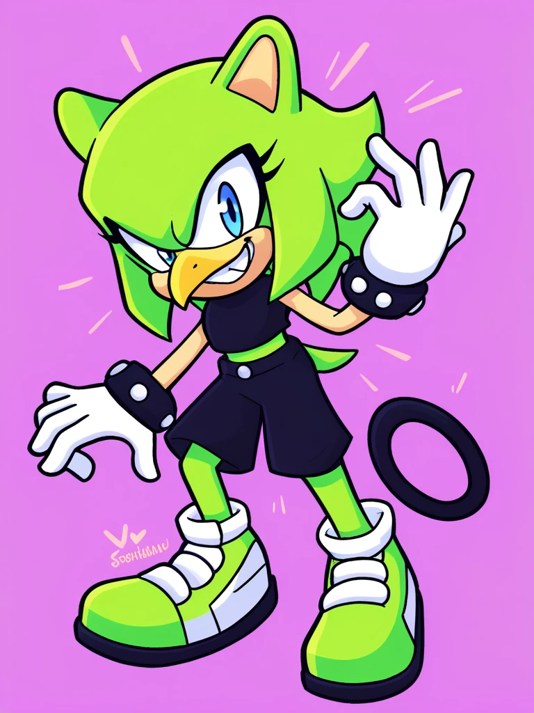 Custom avatar, green Acid trippy bird character, wearing black shorts, in the cyberspace, cgi backround, doing a dyamic pose,
rubber_hose_character,