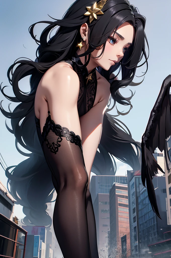 A colossal giantess succubus walks into a tiny city, breaking the floor and everything with her heels, she looks down and mocks you as you see from below her tiny tits, very long and sexy legs, look down, evil, better quality, close, photo under her, crushing, dead, standing