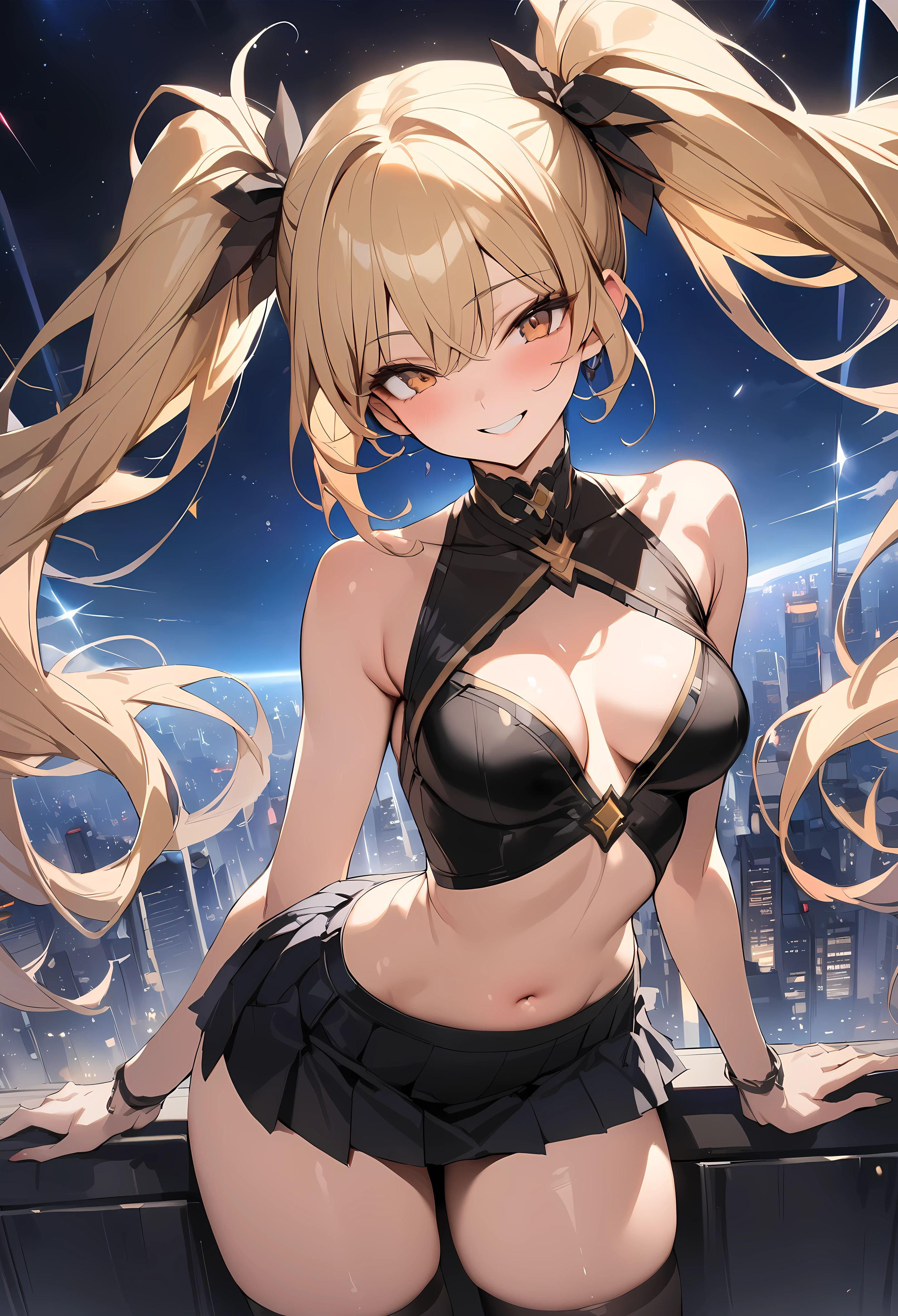 Fantasy art、((masterpiece,best quality anime,Highest quality:1.3)),cowboy shot,(Mature Beauty),Female Wizard、solo,1woman,((very small head:1.3)),((ideal ratio body proportions:1.2)),blonde hair,high twin tails,straight long hair,bangs,gorgeous eyes,brown eyes,smile,(Black sleeveless、turtleneck、Belly button、Black pleated mini skirt),black_thighhighs,((slender body,skinny,toned body)),medium breasts,gleaming skin,shiny skin,(Fly、fly in the sky,Overlooking the high-rise buildings)、Starry Sky、Night Sky、Tokyo、A modern magical fantasy world、