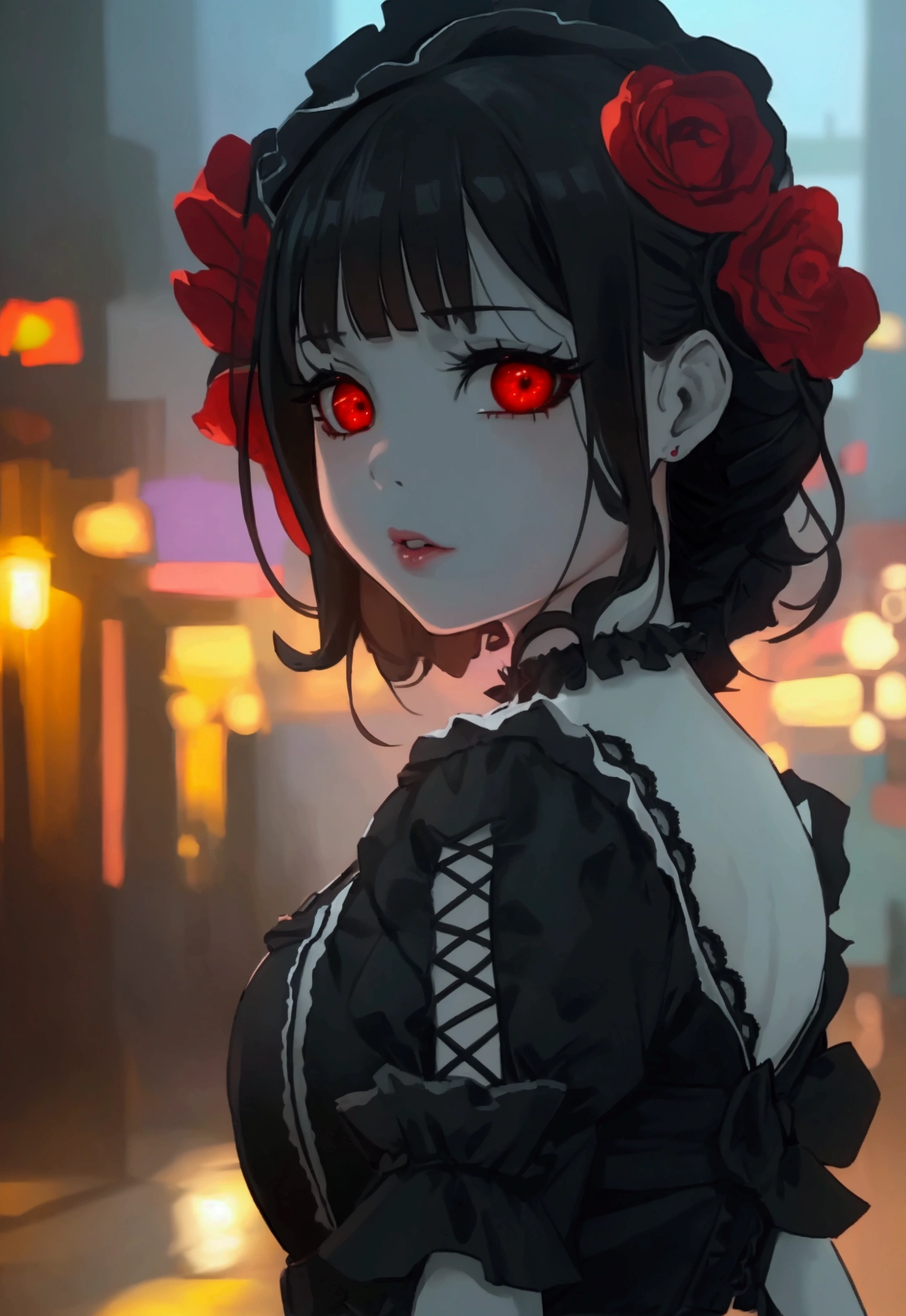 Doll, girl, gothic, Lolita, dirty, ((full body)), black dress, black hair, red eyes,