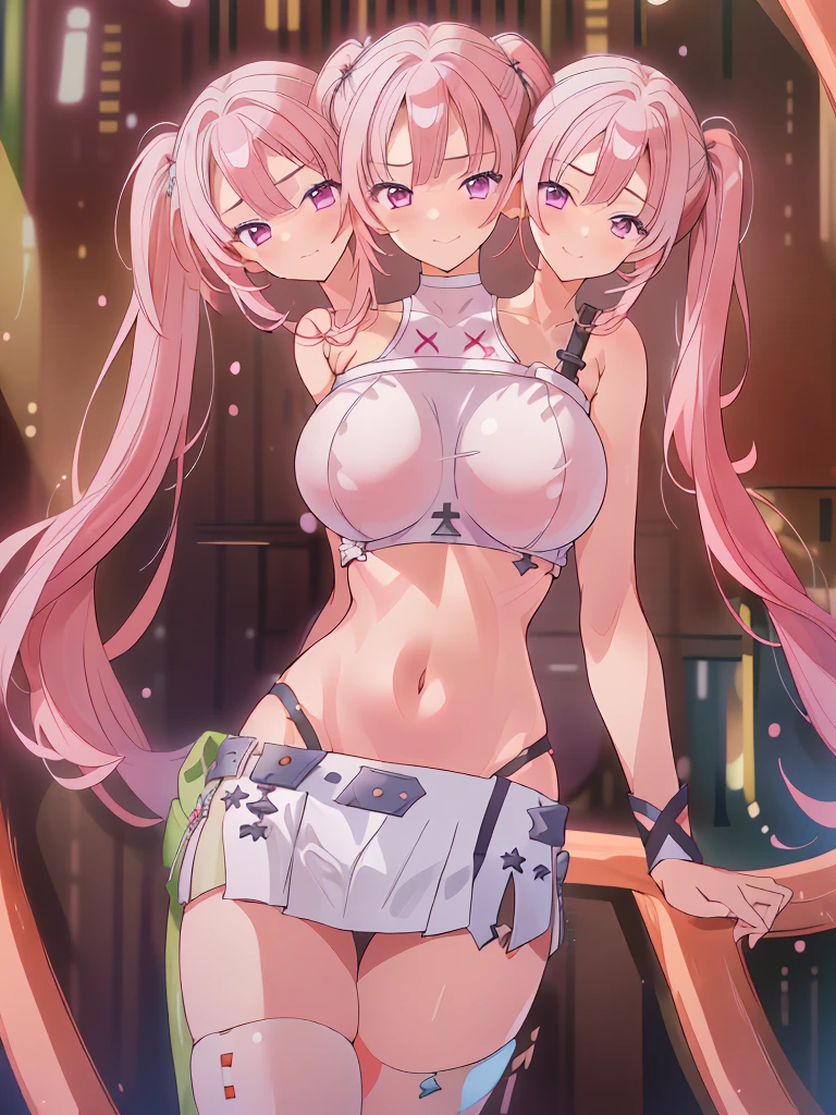 (masterpiece, best quality), best resolution, (3heads:1.5), 1girl, pink hair, twintails, smug, open belly, white crop top, white miniskirt, open breasts, huge breasts, 
